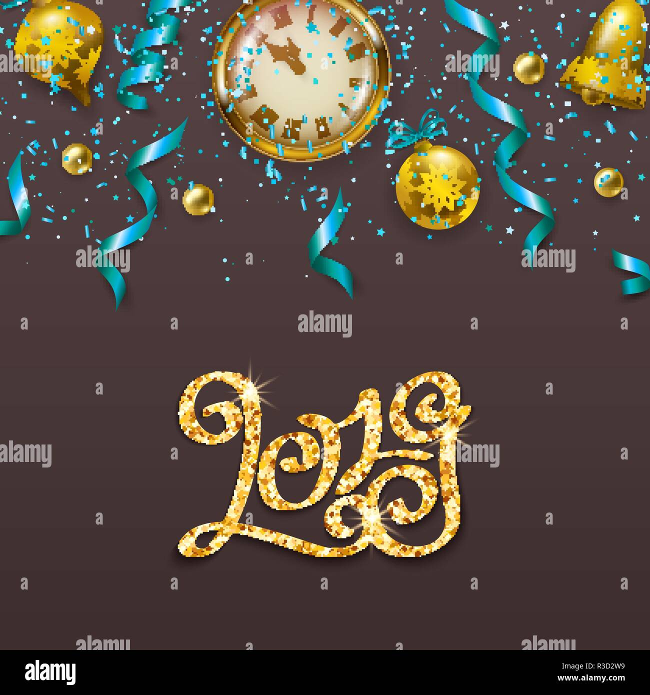 Iscrizione Oro modello 2019 su sfondo grigio. Numeri di calligrafia, glitter coriandoli, orologi, serpentine per Felice anno nuovo biglietto, invito post Illustrazione Vettoriale