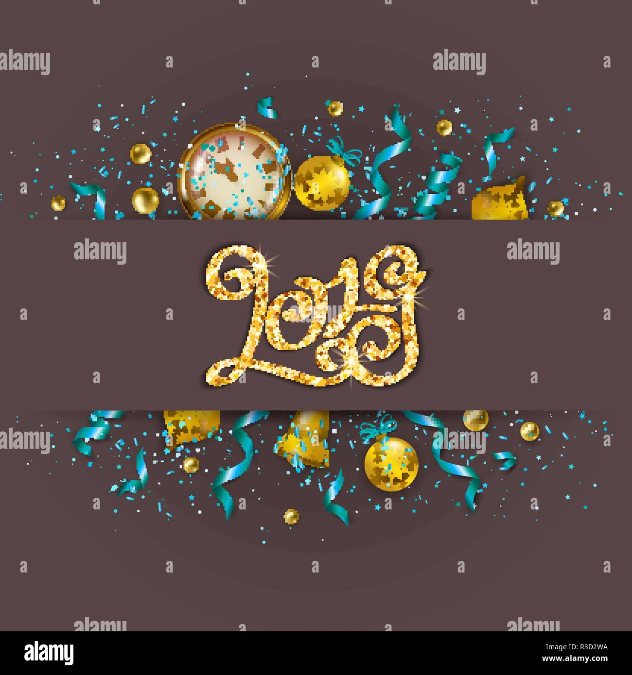 Iscrizione Oro modello 2019 su sfondo grigio. Numeri di calligrafia, glitter coriandoli, orologi, serpentine per Felice anno nuovo biglietto, invito post Illustrazione Vettoriale