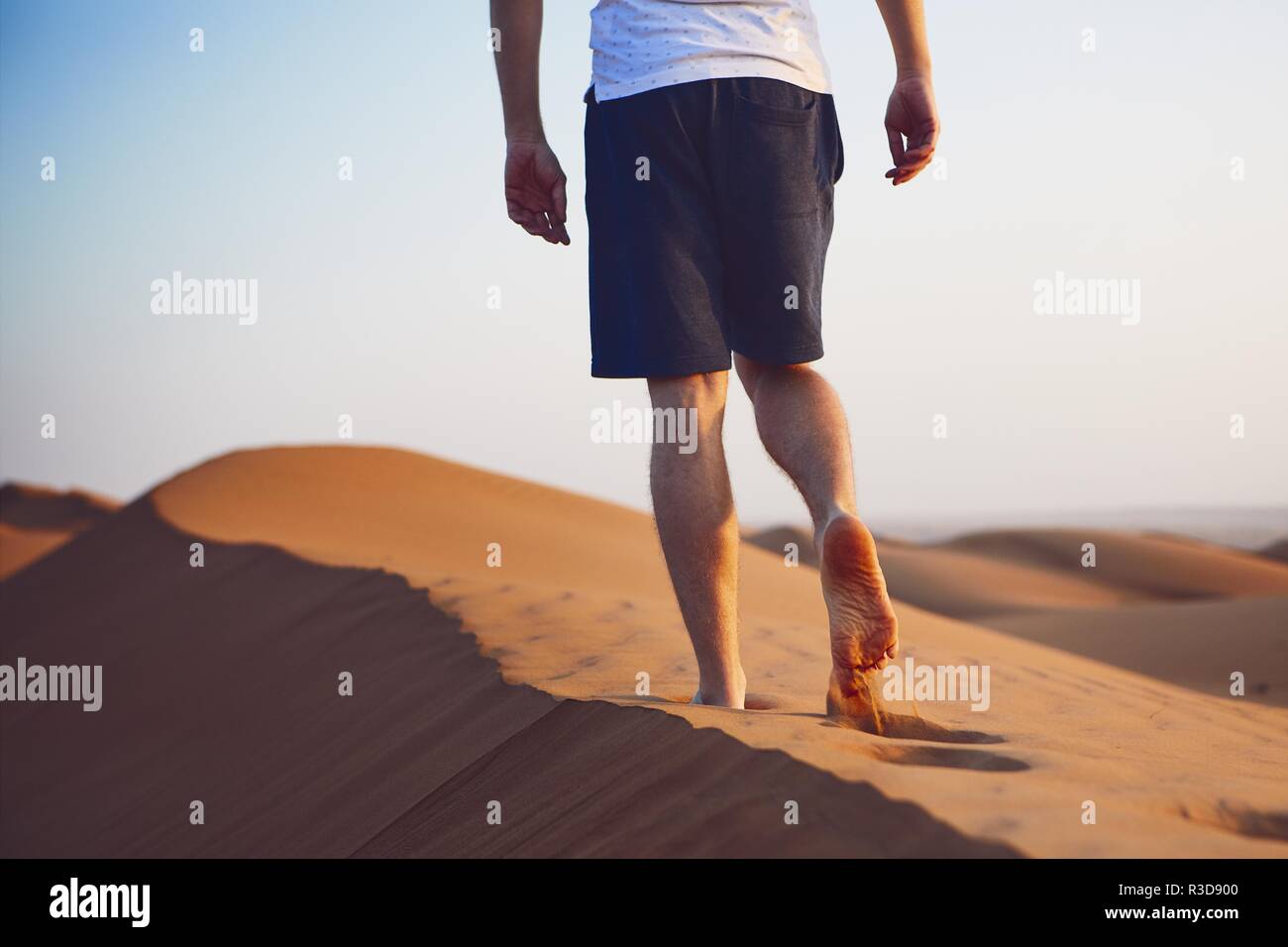 Giovane uomo che cammina sulla sommità delle dune di sabbia. Wahiba Sands in Oman. Foto Stock