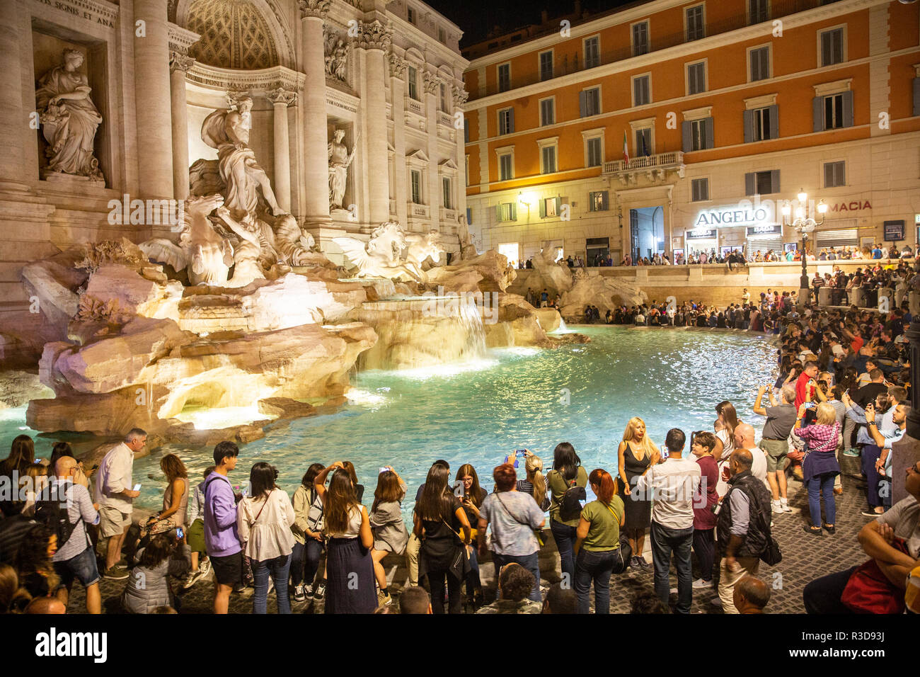 I turisti ed i visitatori si radunano intorno alla famosa fontana di Trevi a notte nel centro di Roma,Lazio,Italia Foto Stock