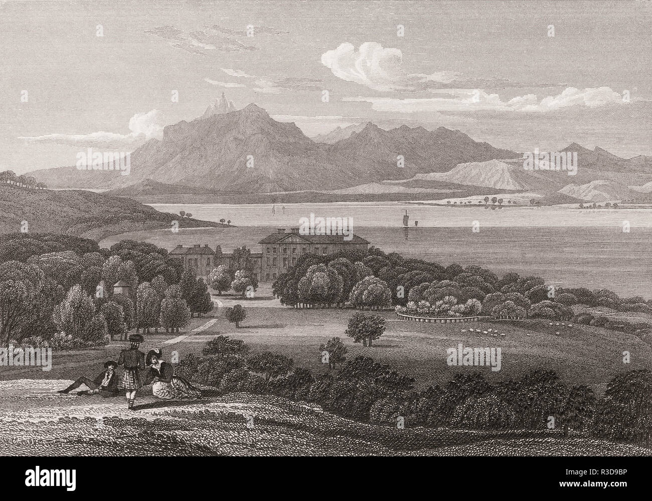 Ardgowan House Mansion e break sul Firth of Clyde vicino Inverkip, secolo XIX, dalla moderna Atene da Th. H. Pastore Foto Stock