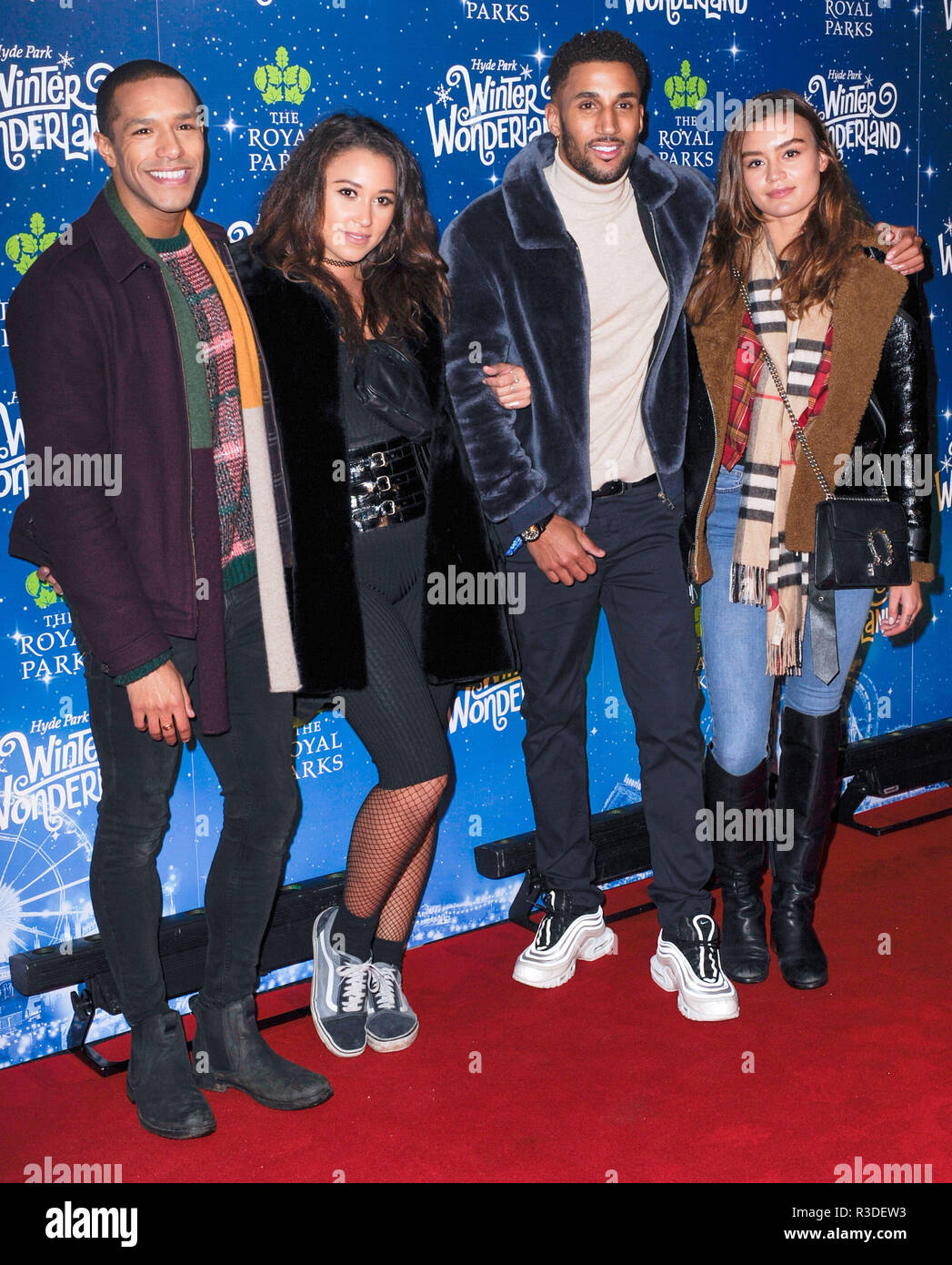 Foto deve essere accreditato ©Alpha premere 080011 21/11/2018 La vita di Bi, Michael Gunning, Leonnie Cavill, Ryan Cleary e Carmen Clarke al lancio in anteprima la notte di Hyde Park Winter Wonderland 2018 in Hyde Park, Londra. Foto Stock