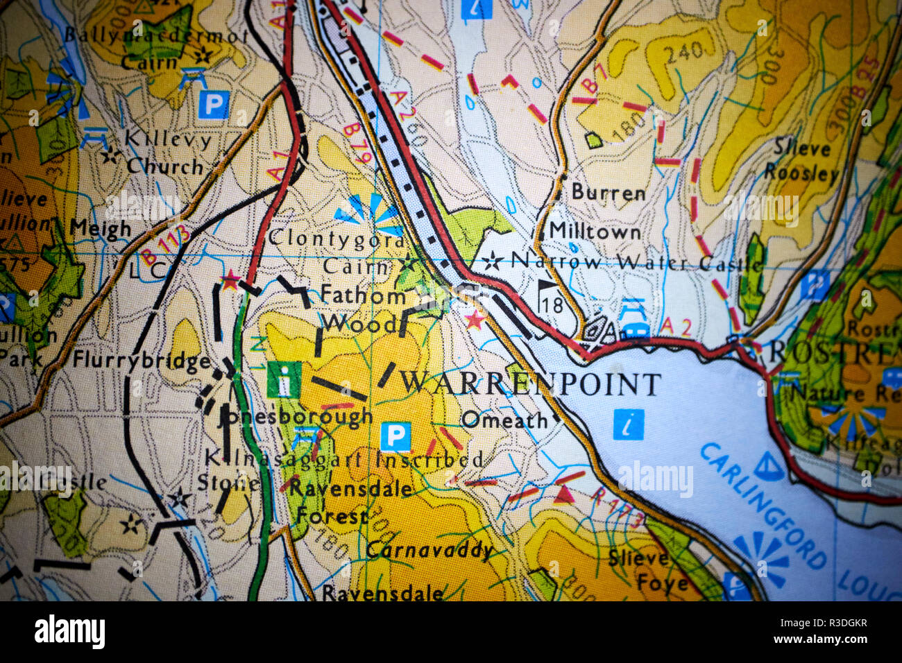 Mappa che mostra l'Irlanda del Nord Repubblica di Irlanda confine a warrenpoint e Carlingford Lough sud verso South Armagh County Louth Foto Stock