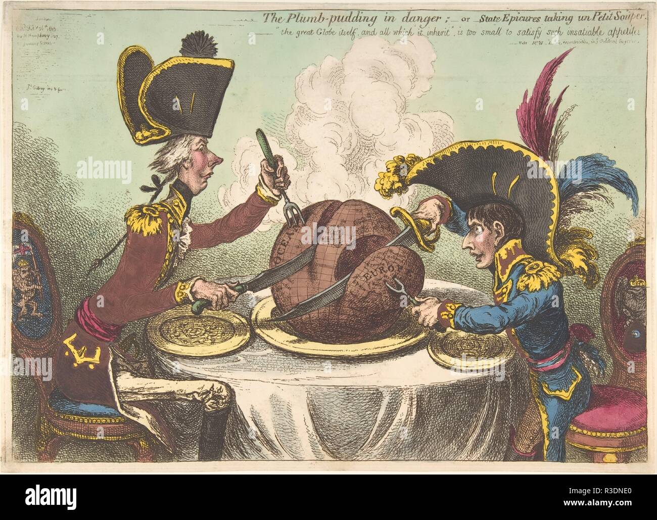 Il Plumb-Pudding in pericolo;-o-membro buongustai tenendo onu Petit Souper. Artista: James Gillray (British, Chelsea 1756-1815 Londra). Dimensioni: piastra: 10 1/4 x 14 1/4 in. (26 x 36,2 cm) foglio: 10 3/8 x 14 7/16 in. (26,4 x 36,6 cm). Editore: Hannah Humphrey (Londra). Data: Febbraio 26, 1805. Napoleone Bonaparte, dichiarato imperatore di Francia nel 1804, e statista inglese William Pitt sedersi su un tavolo da pranzo, ogni ritagliandosi un pezzo da un budino di prugne nella forma del mondo. Il diminutivo Napoleone, passando dalla sua sede al fine di raggiungere il tavolo, hungrily prende l'Europa mentre Pitt carv Foto Stock