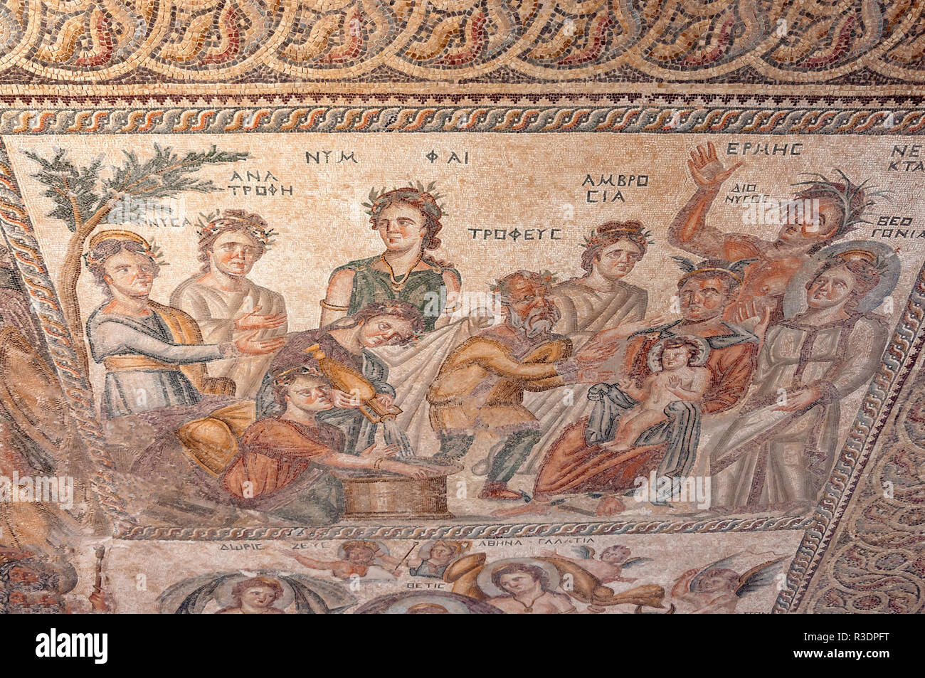 Pannello a mosaico nella Reception Hall della casa di Aion, Sito Archeologico di Kato Pafos, Paphos (Paphos), Pafos District, la Repubblica di Cipro Foto Stock
