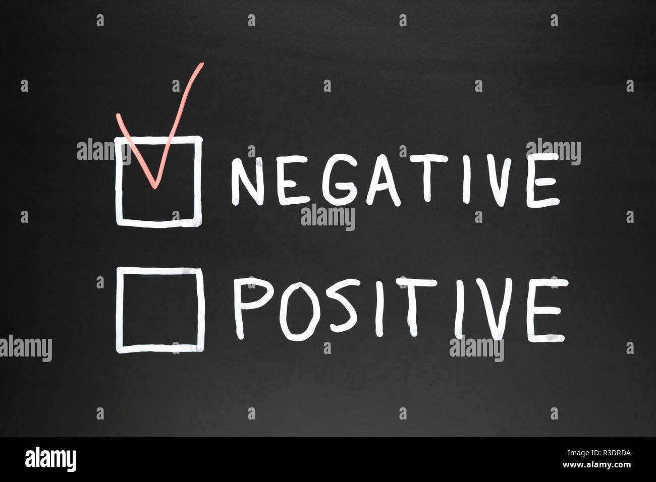 Negativo e positivo della scritta su un nero ardesia con Chalk. In segnato in rosso nella casella negativa, immagine concettuale Foto Stock