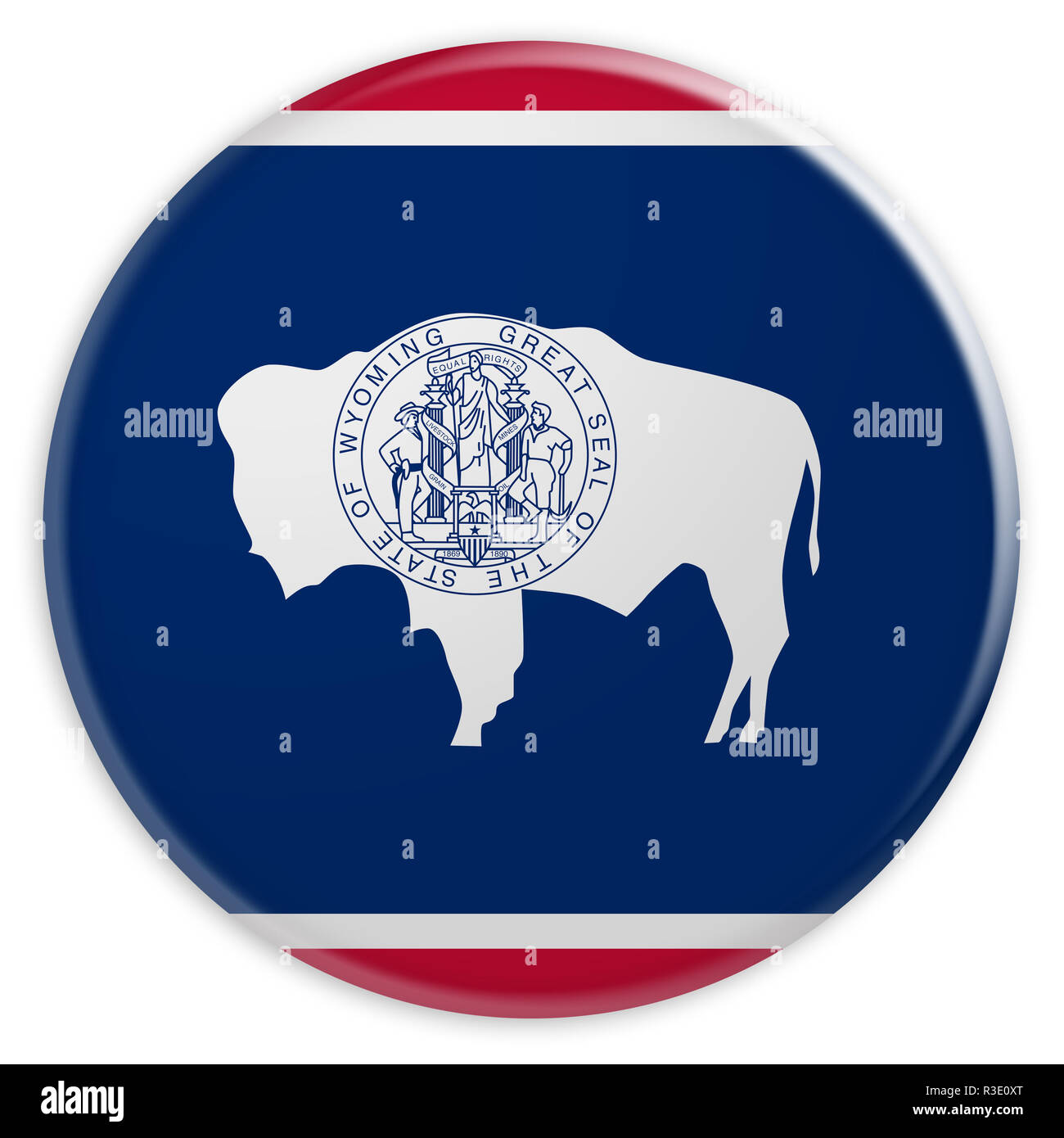 Usa il pulsante di stato: Wyoming bandiera Badge, 3d illustrazione su sfondo bianco Foto Stock