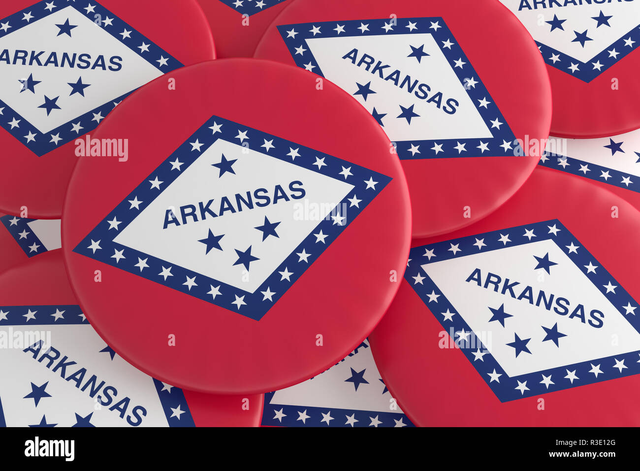Usa i pulsanti di stato: pila di Arkansas bandiera scudetti, 3d illustrazione Foto Stock