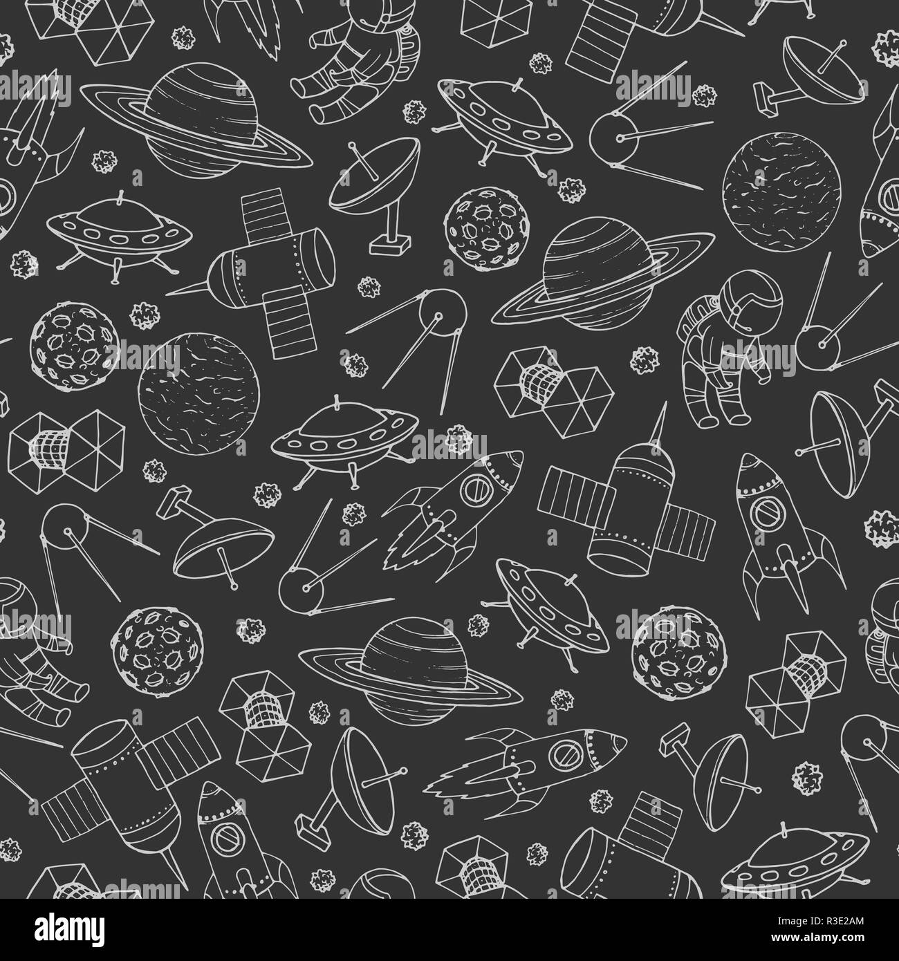 Disegnata a mano vector seamless pattern con i cosmonauti, satelliti, razzi, pianeti, luna e stelle cadenti e UFO contorni. Fondo cosmico per l'istruzione Illustrazione Vettoriale