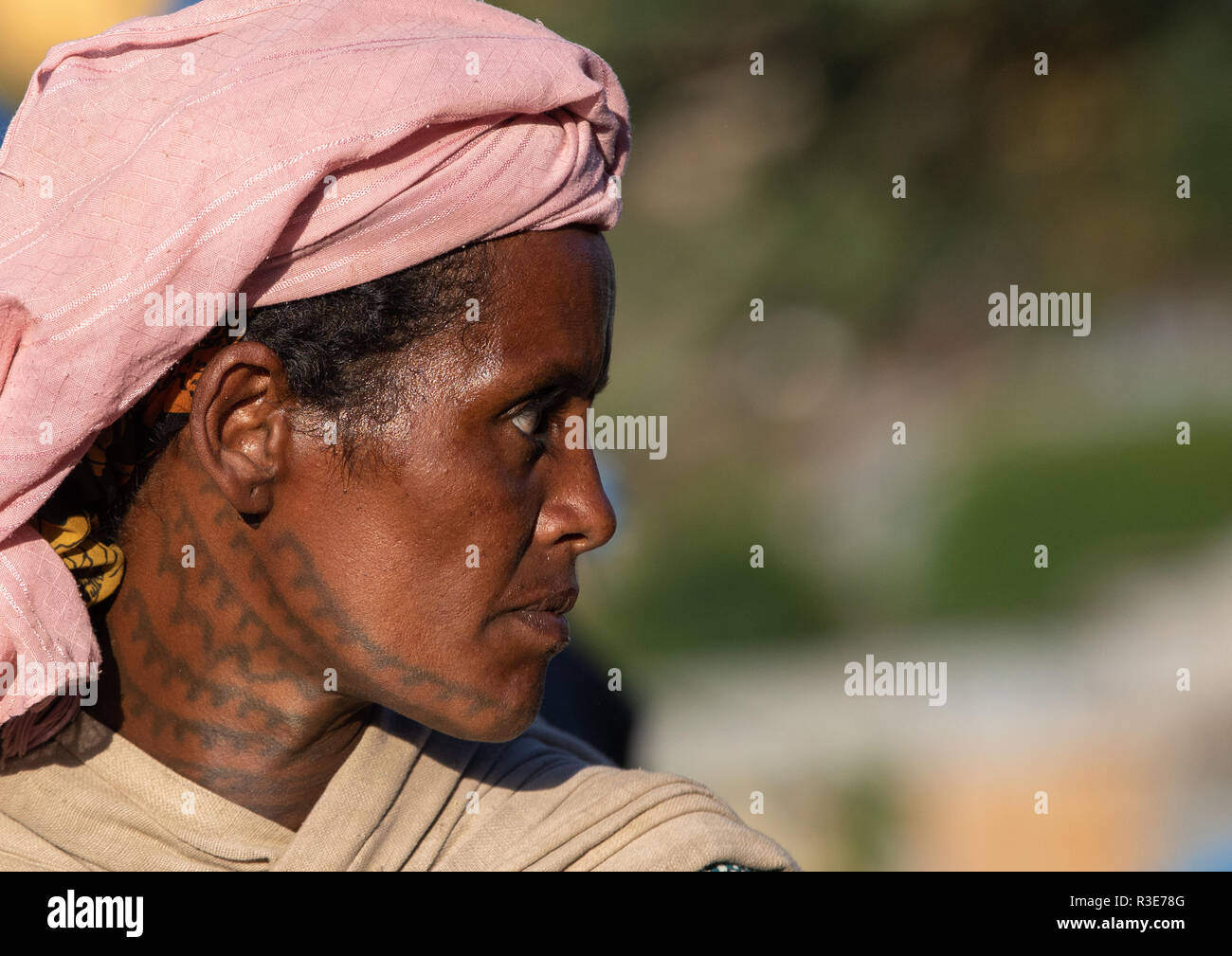 Donna etiope con tatuaggio sul suo viso e collo, Amhara Region, Senbete, Etiopia Foto Stock