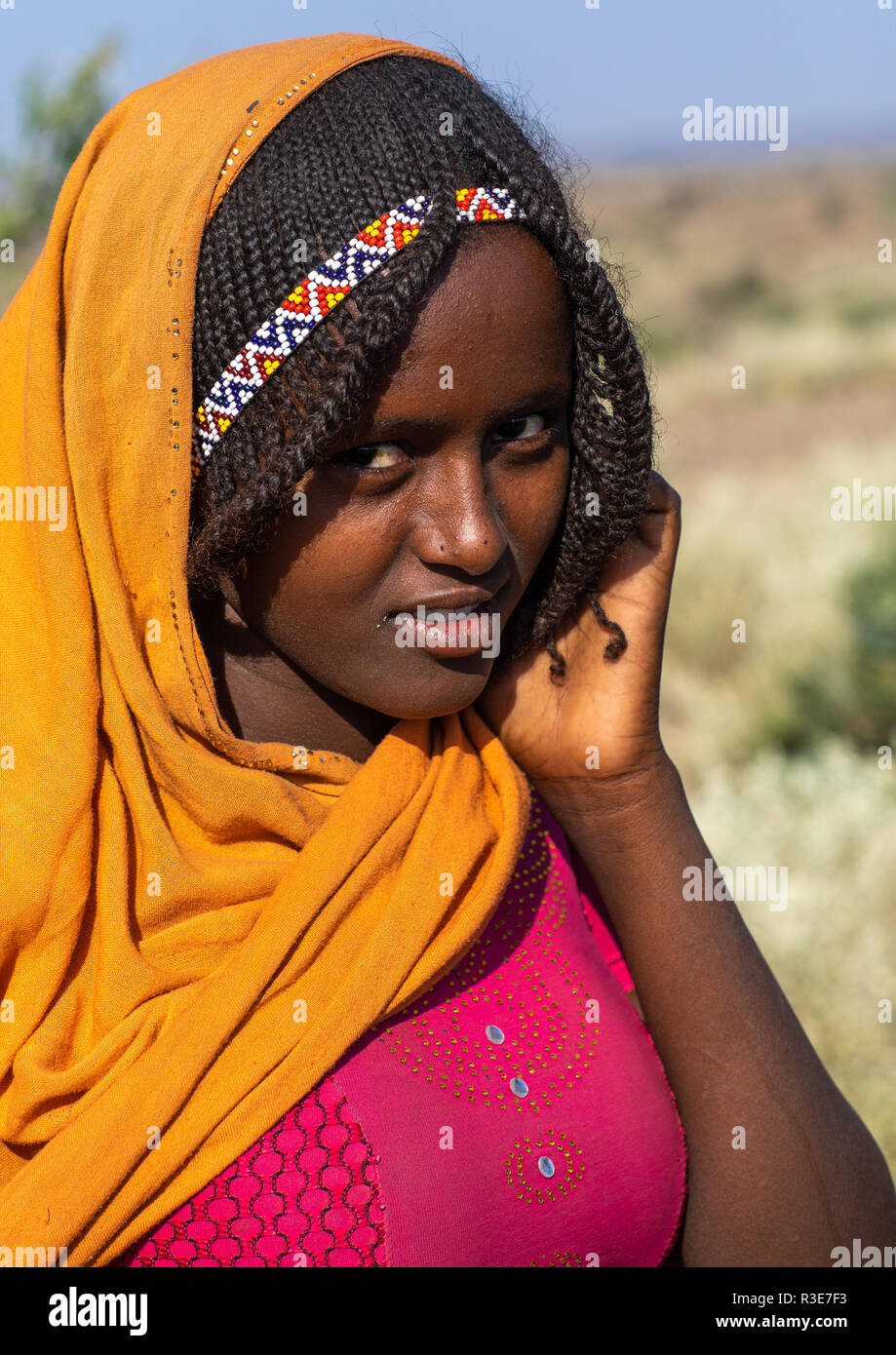 Ritratto di un etnia afar ragazza con i capelli intrecciati, regione di Afar, miglio, Etiopia Foto Stock