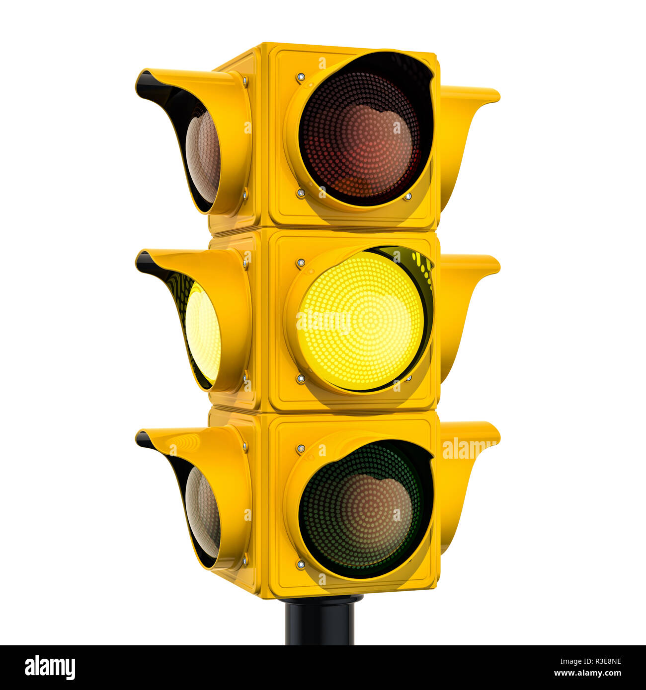 Giallo luce sul traffico con il colore giallo, 3D rendering isolati su sfondo bianco Foto Stock