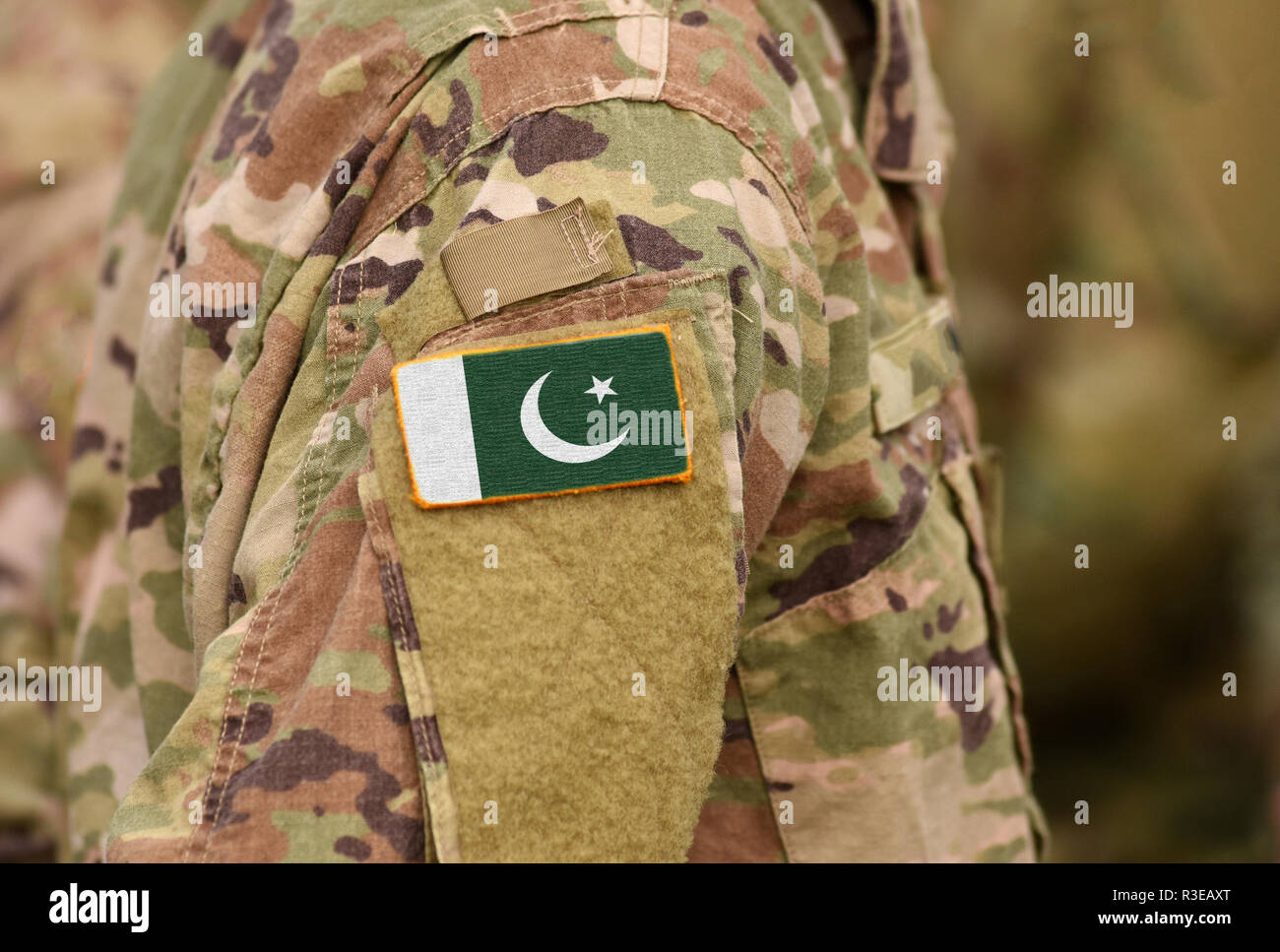 Il Pakistan bandiera sul braccio di soldati. Il Pakistan truppe (collage) Foto Stock