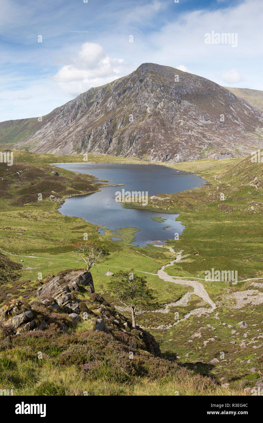 Lyn Idwal e Penna Yr Ole Wen, vista lago, Parco Nazionale di Snowdonia, Wales, Regno Unito Foto Stock