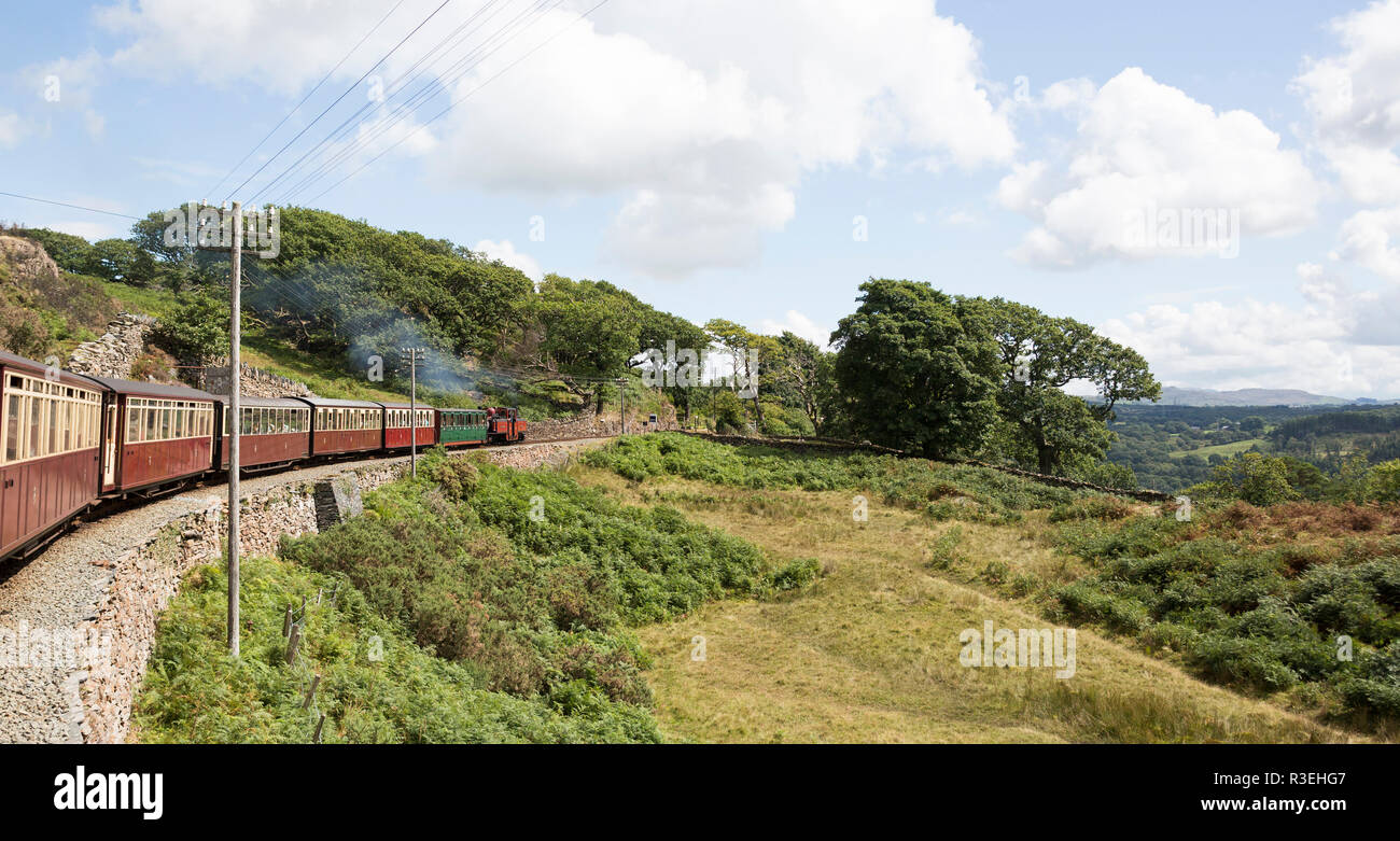 Treno a vapore che passa attraverso il Parco Nazionale di Snowdonia, Ffestiniog e Welsh Highland Railway, Wales, Regno Unito Foto Stock