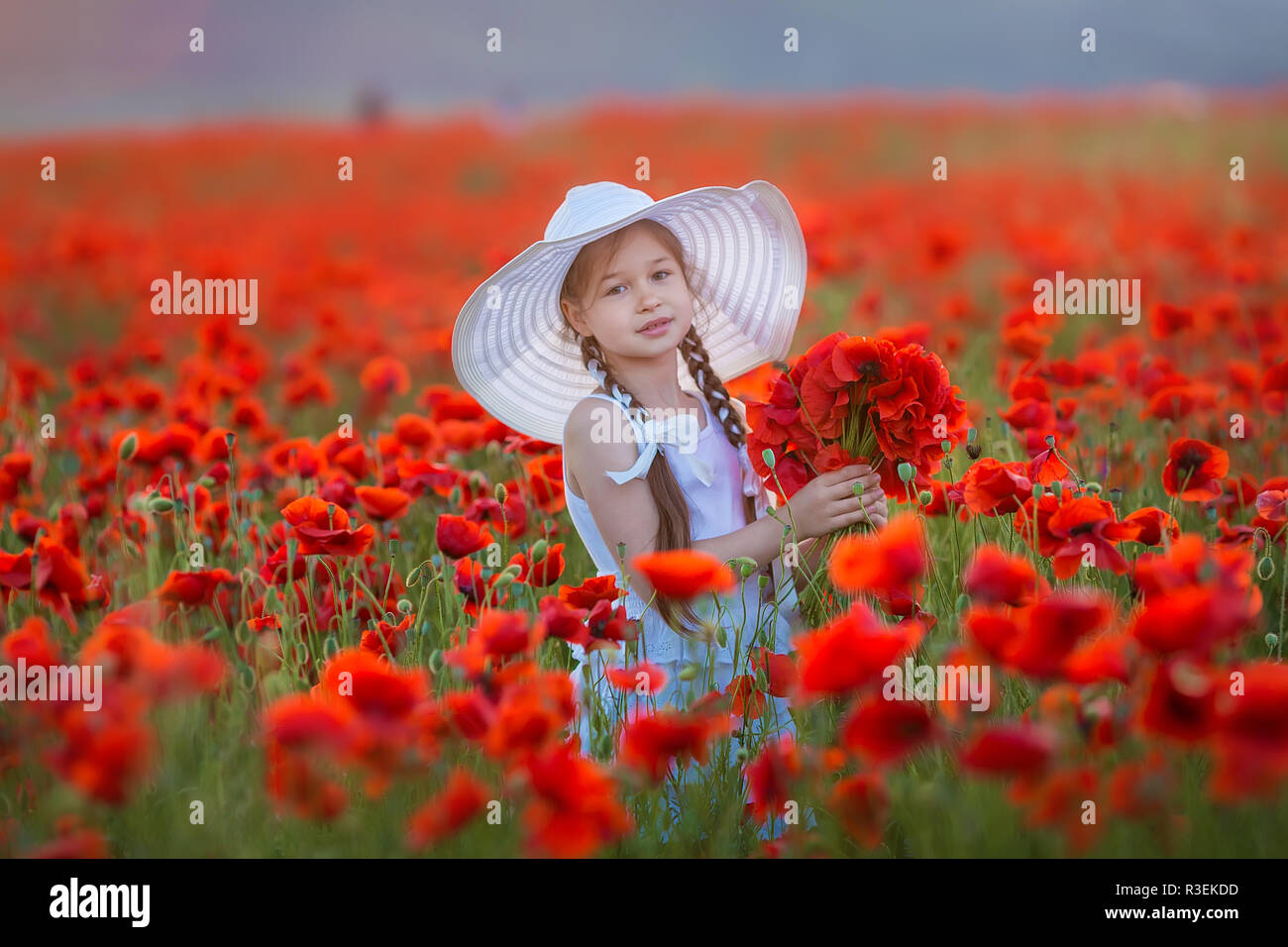 Incredibile close up ritratto della bella carino giovane ragazza romantica con semi di papavero fiore in mano in posa sul campo dello sfondo. Indossando cappello di paglia o bouquet di flo Foto Stock