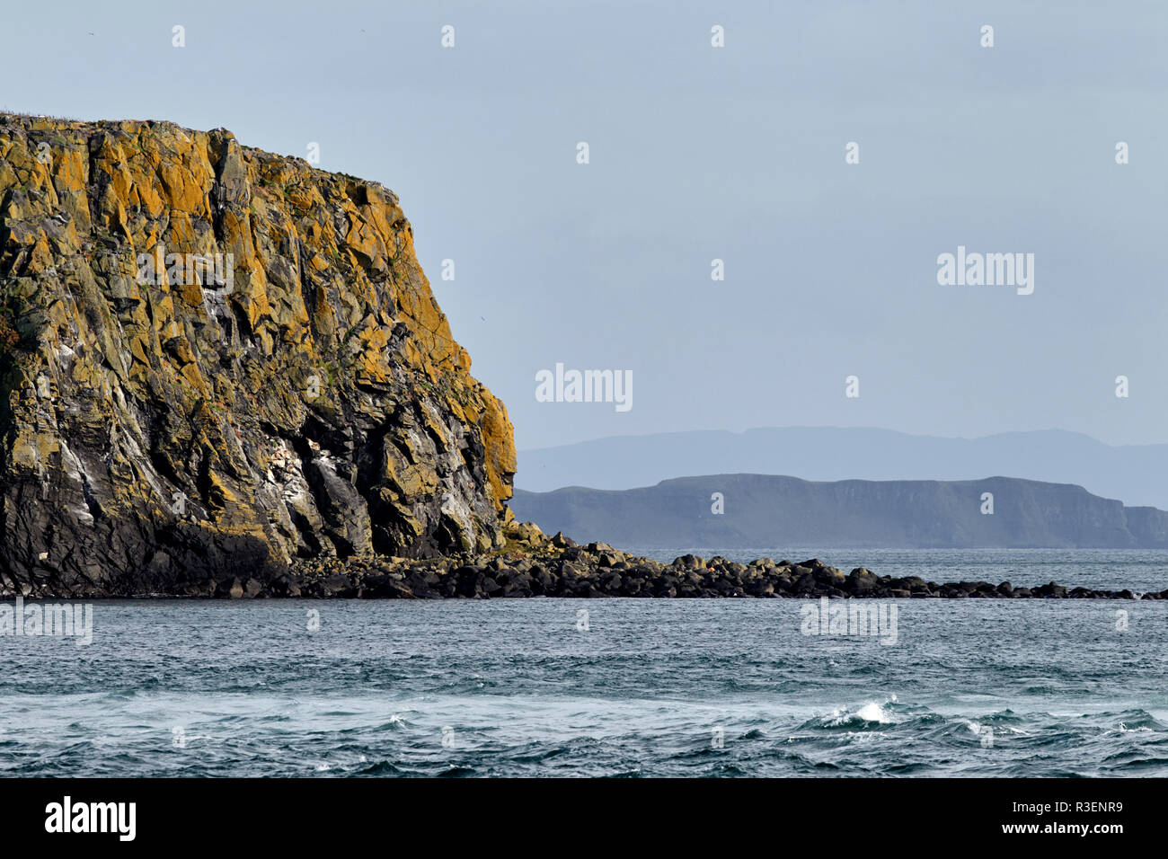 Scogliere di pecore isola guardando verso l'isola di Rathlin County Antrim Irlanda del Nord cercando di costa scozzese al di là Foto Stock