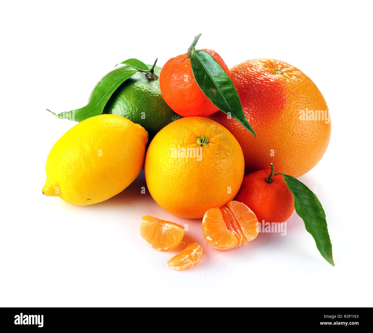 Set di agrumi con foglie su sfondo bianco Foto Stock