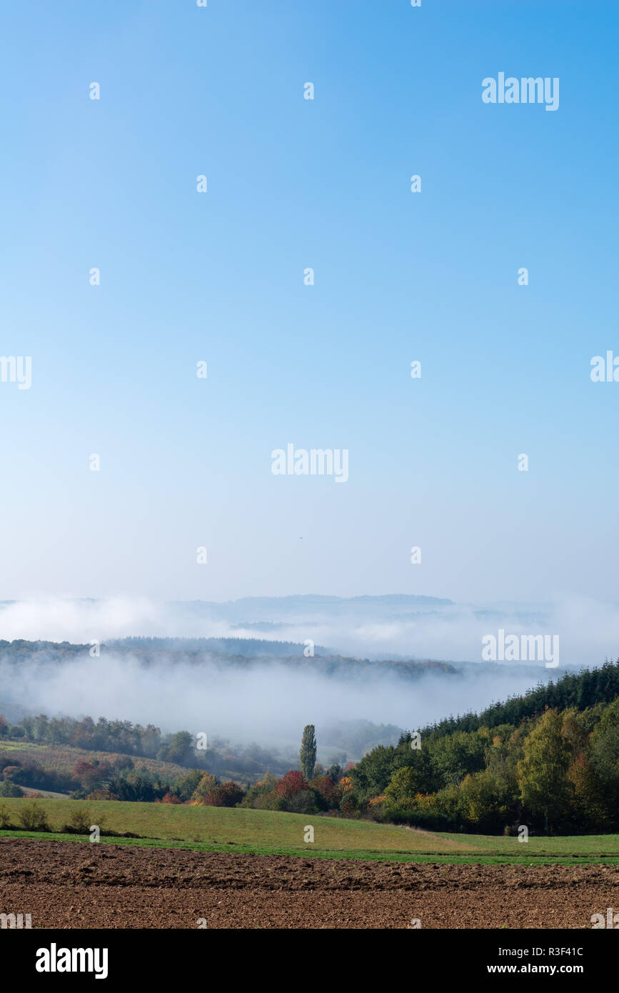 High fog fino alle colline e nelle valli vicino Irsch, città di Saarburg, Renania-Palatinato, Germania Foto Stock