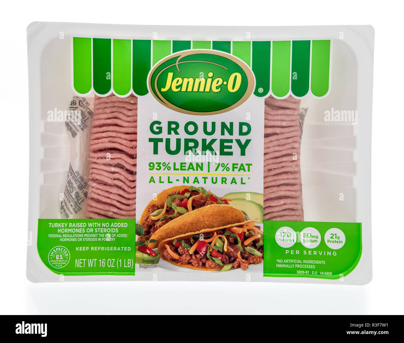Winneconne, WI - 19 Novembre 2018: un pacchetto di Jennie-o di macinato di tacchino isolato su un background. Foto Stock