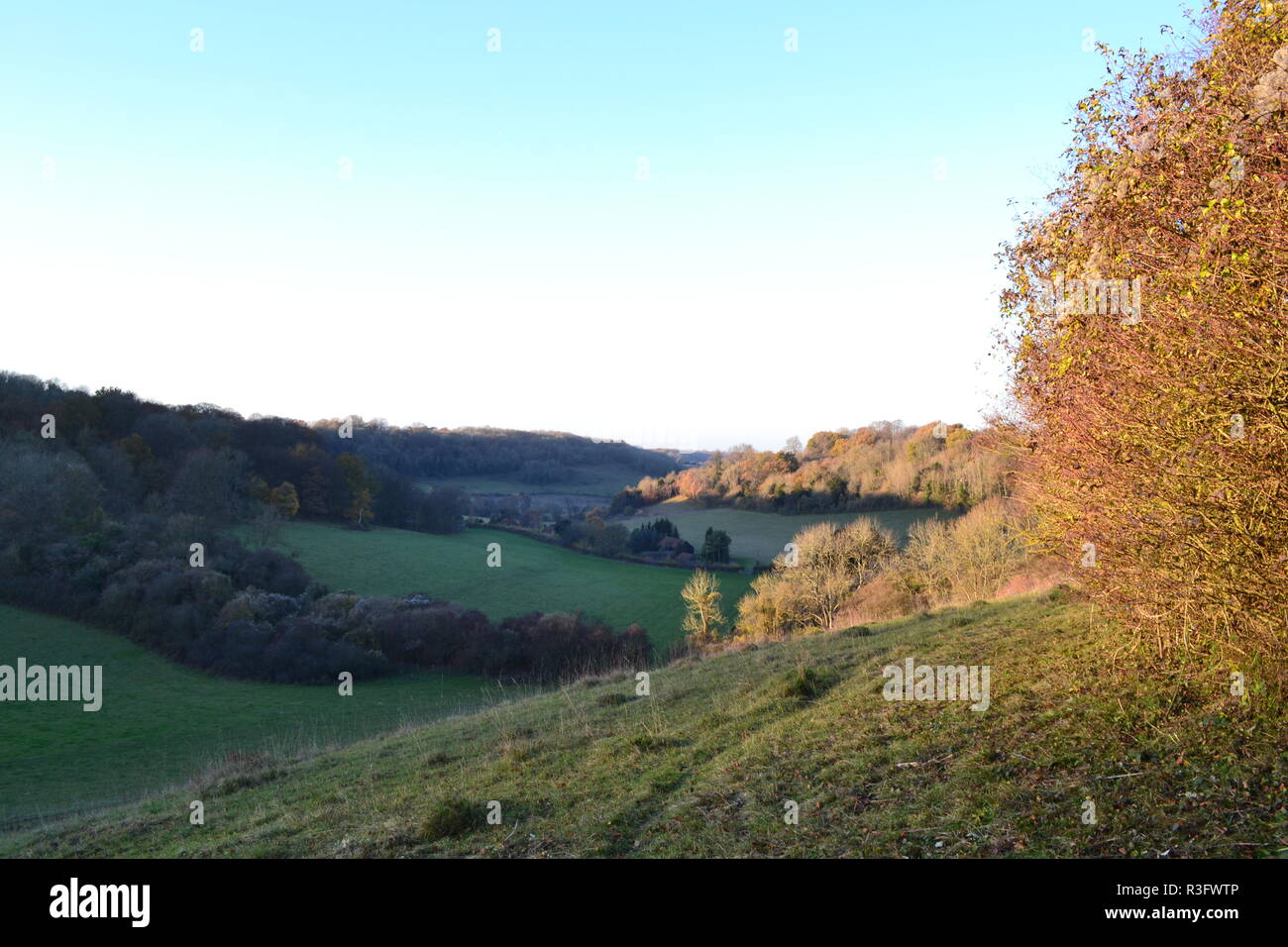 Scene di autunno da Shoreham, Kent; Gazza fondo; Darent valle; Fackenden giù, Knatts Valley, Romney Street, itinerario a piedi il North Downs AONB Foto Stock