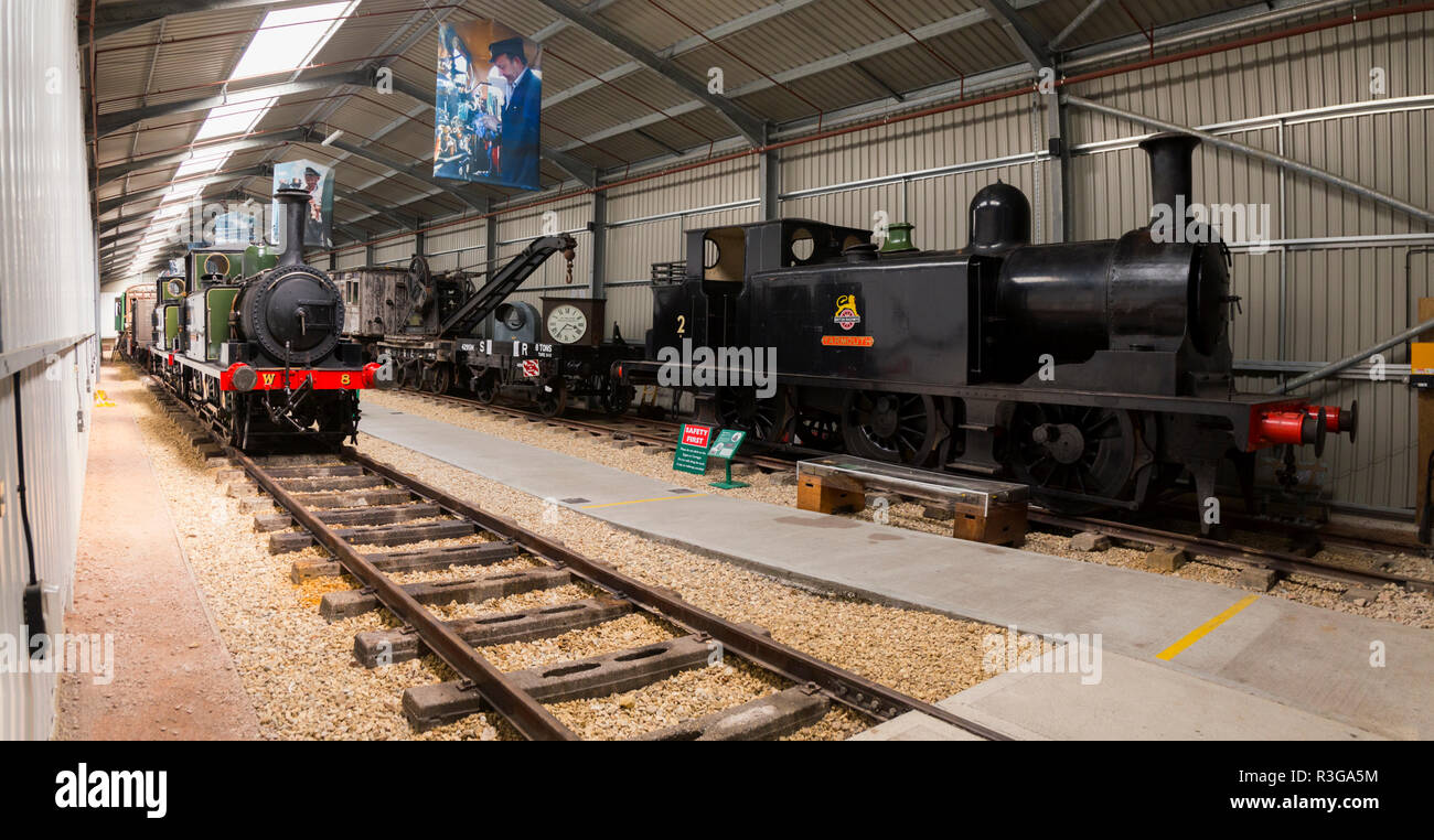 La storia del treno principale area di visualizzazione (quattro su strada e storage exhibition building) a Havenstreet / Haven street station sulla Isle Of Wight Steam Railway. Regno Unito (98) Foto Stock