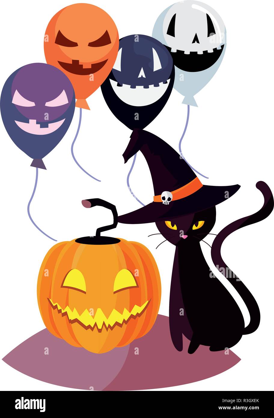 Happy halloween zucca palloncini creepys cat illustrazione vettoriale Illustrazione Vettoriale