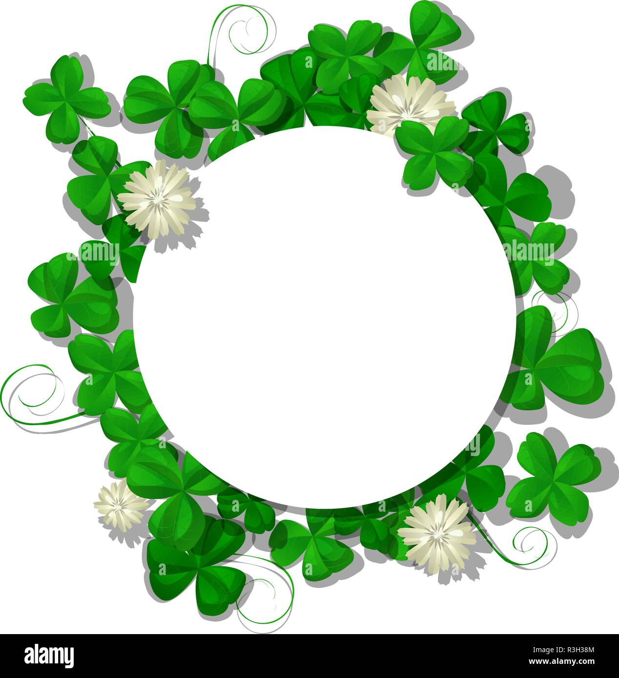 San Patrizio vettore giorno cornice rotonda con shamrock le foglie e i fiori su sfondo bianco Illustrazione Vettoriale