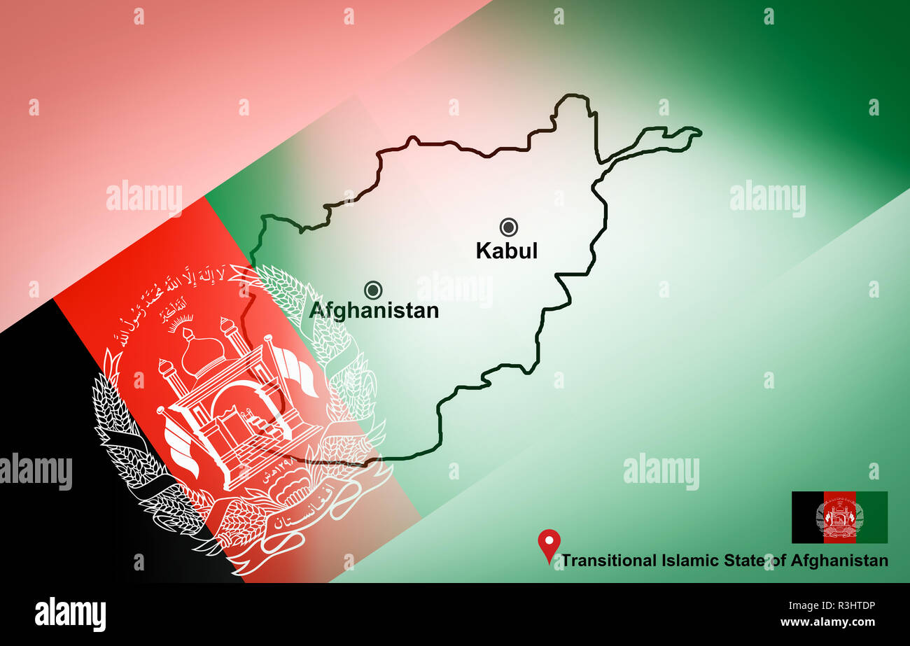 Mappa Afghanistan e a Kabul con ubicazione sulla mappa il pin e l'Afghanistan bandiera sulla Mappa di Asia - Stato islamico di transizione dell'Afghanistan Foto Stock
