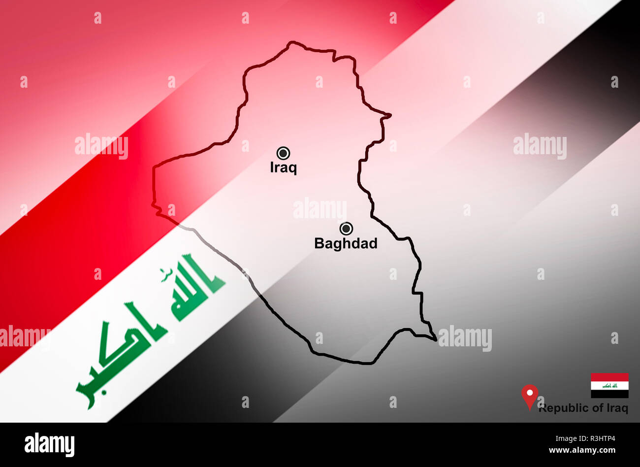 Mappa in Iraq e a Baghdad con la mappa delle località il pin e l'Iraq bandiera sulla Mappa di Asia - Repubblica dell'Iraq Foto Stock