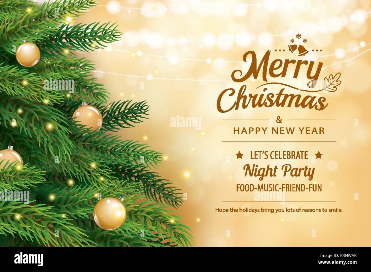 Natale biglietto di auguri con albero e oro bokeh di sfocatura sullo sfondo delle luci. Natale e felice anno nuovo. Illustrazione Vettoriale per coprire, banner, modello. Illustrazione Vettoriale