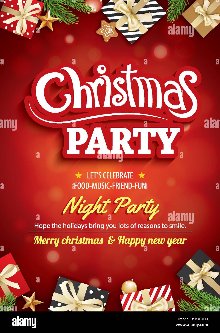 Merry Christmas party e biglietto di auguri su sfondo rosso invito come  tema. Happy Holiday Design modello Immagine e Vettoriale - Alamy