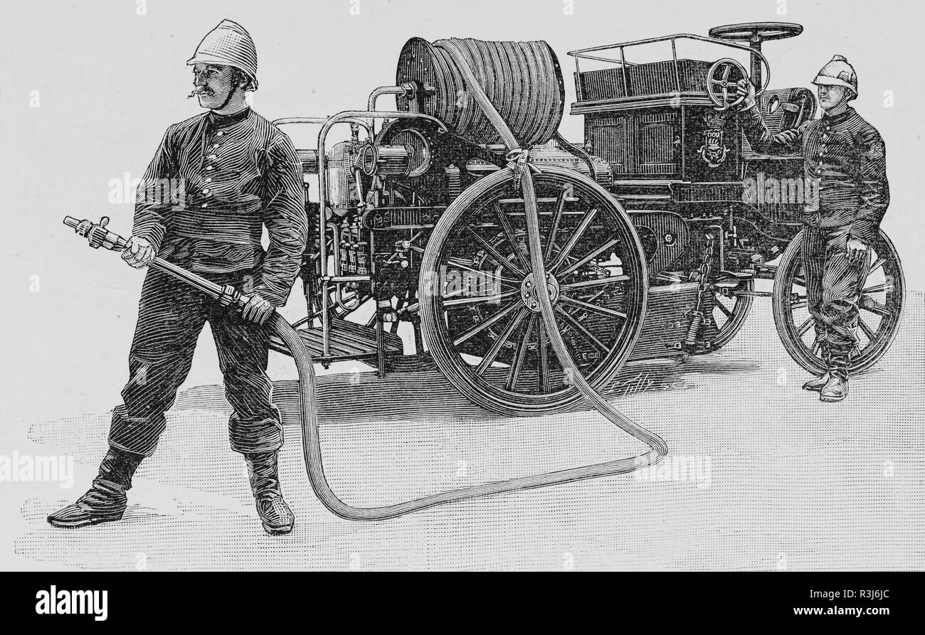 Materiale elettrico dei vigili del fuoco di Parigi, pompa elettrica, settimanale francese quotidiano l'illustrazione, 25 Luglio 1900 Foto Stock