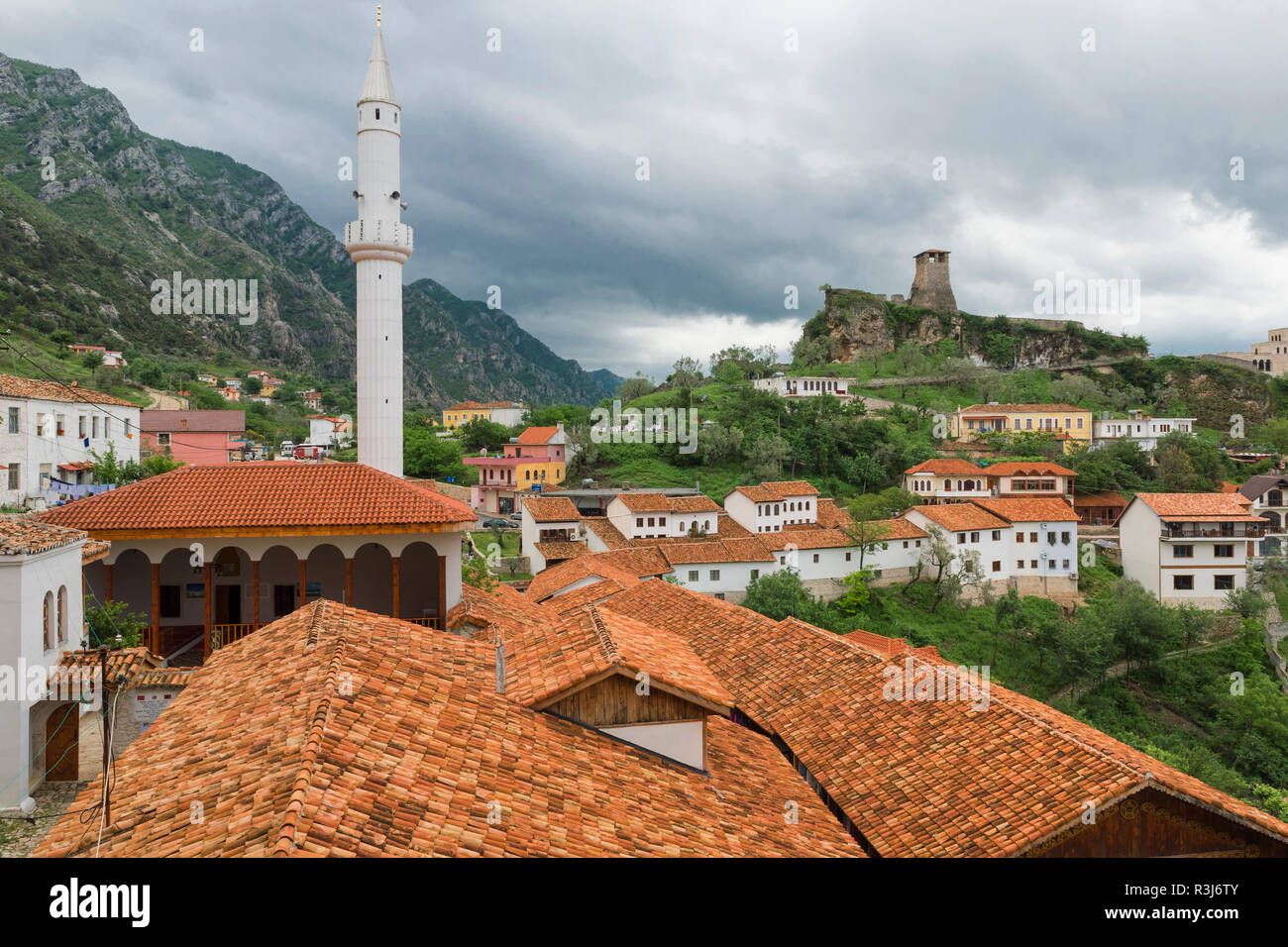 La città vecchia, castello e Murad Bey moschea, Kruje, Albania Foto Stock