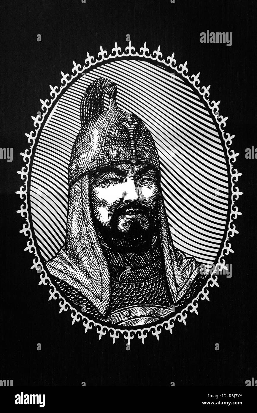 Parete di persone famose, Tagay Biy, grandi guerrieri del XVI secolo, centro culturale Ruh Ordo Cholpon-Ata, Kirghizistan Foto Stock
