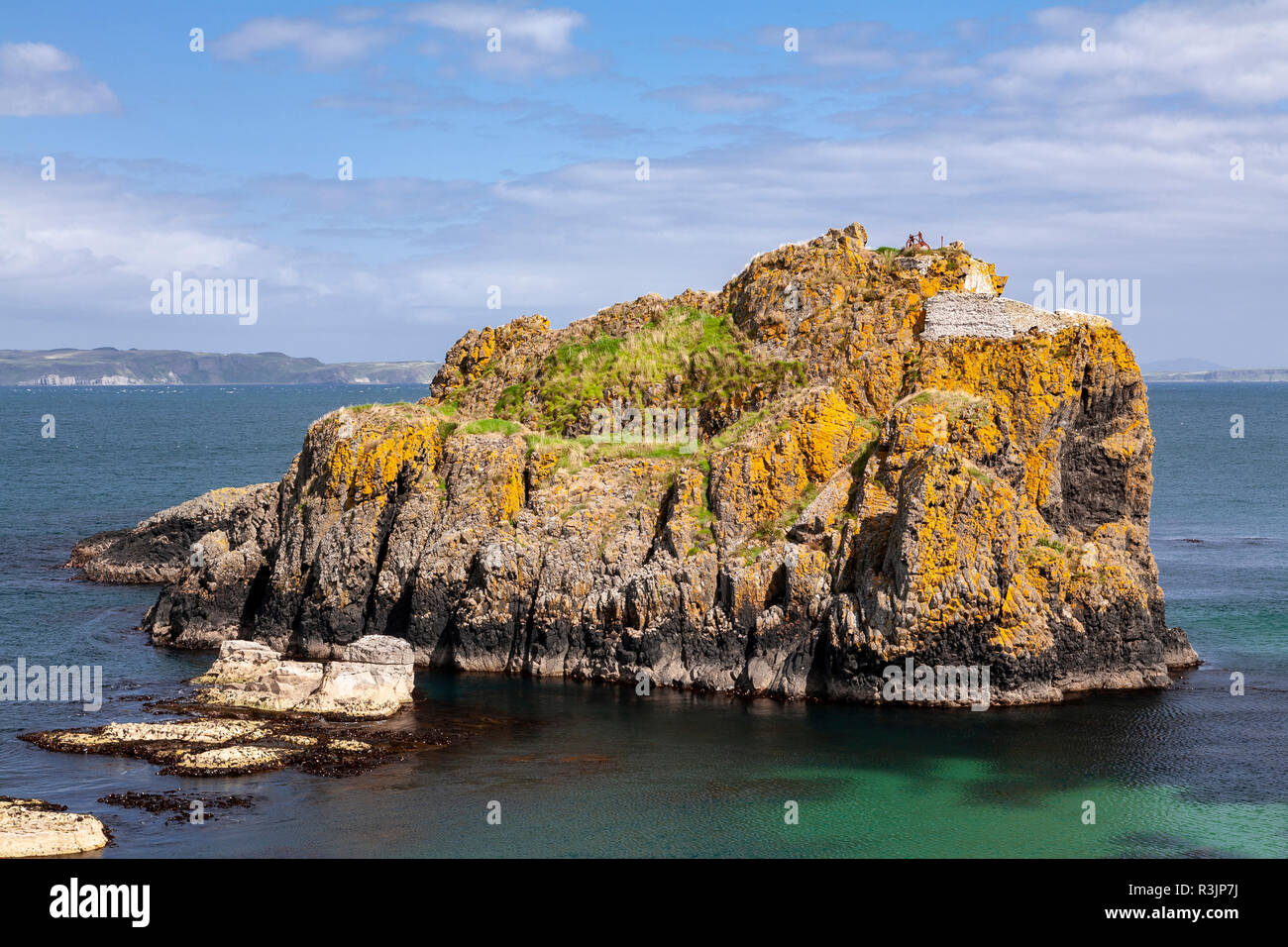 Piccola isola di fronte alla costa di Antrim in Irlanda del Nord Foto Stock