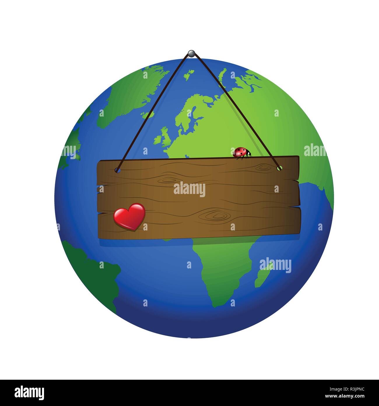 Cartello in legno sul pianeta terra con cuore rosso e coccinella illustrazione vettoriale EPS10 Illustrazione Vettoriale