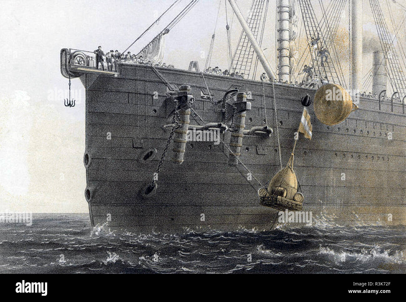 Cavo transatlantico una boa segnaletica è issata dalla grande orientale a contrassegnare la posizione del cavo in lavori di riparazione su agosto 1865 sotto l'occhio vigile del capitano Sir James Anderson a sinistra Foto Stock