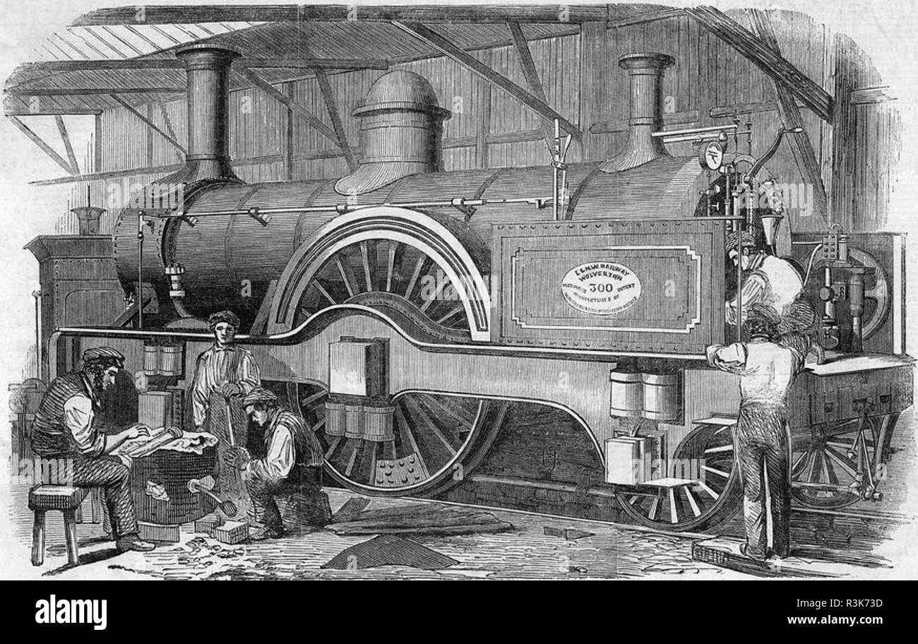 JAMES EDWARD McCONNELL (1815-1883) Irish ingegnere ferroviario. Un 1852 incisione che mostra la sua classe Bloomer motore con 7ft motrici essendo costruito per il London & Ferrovia Nord-Occidentale Foto Stock