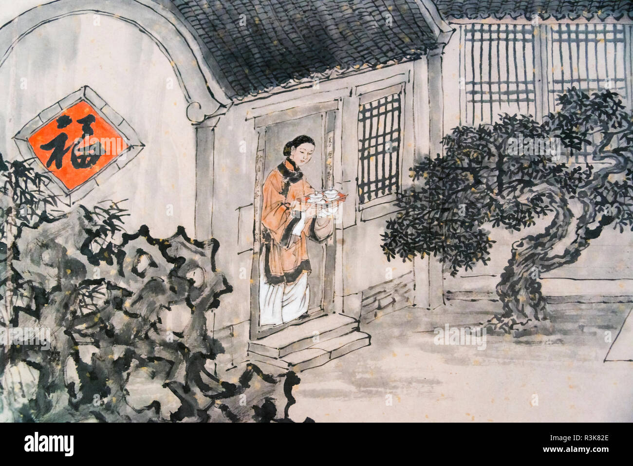 Dipinto raffigurante la vita della gente lungo il Canal Grande in vecchi giorni, Taierzhuang antica Città, Provincia dello Shandong, Cina Foto Stock