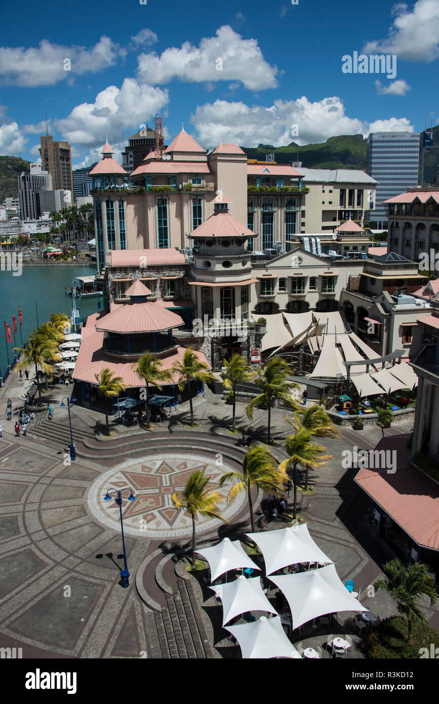 Maurizio, la città capitale di Port Louis. Popolare Le Caudan Waterfront e l'area del porto. Foto Stock