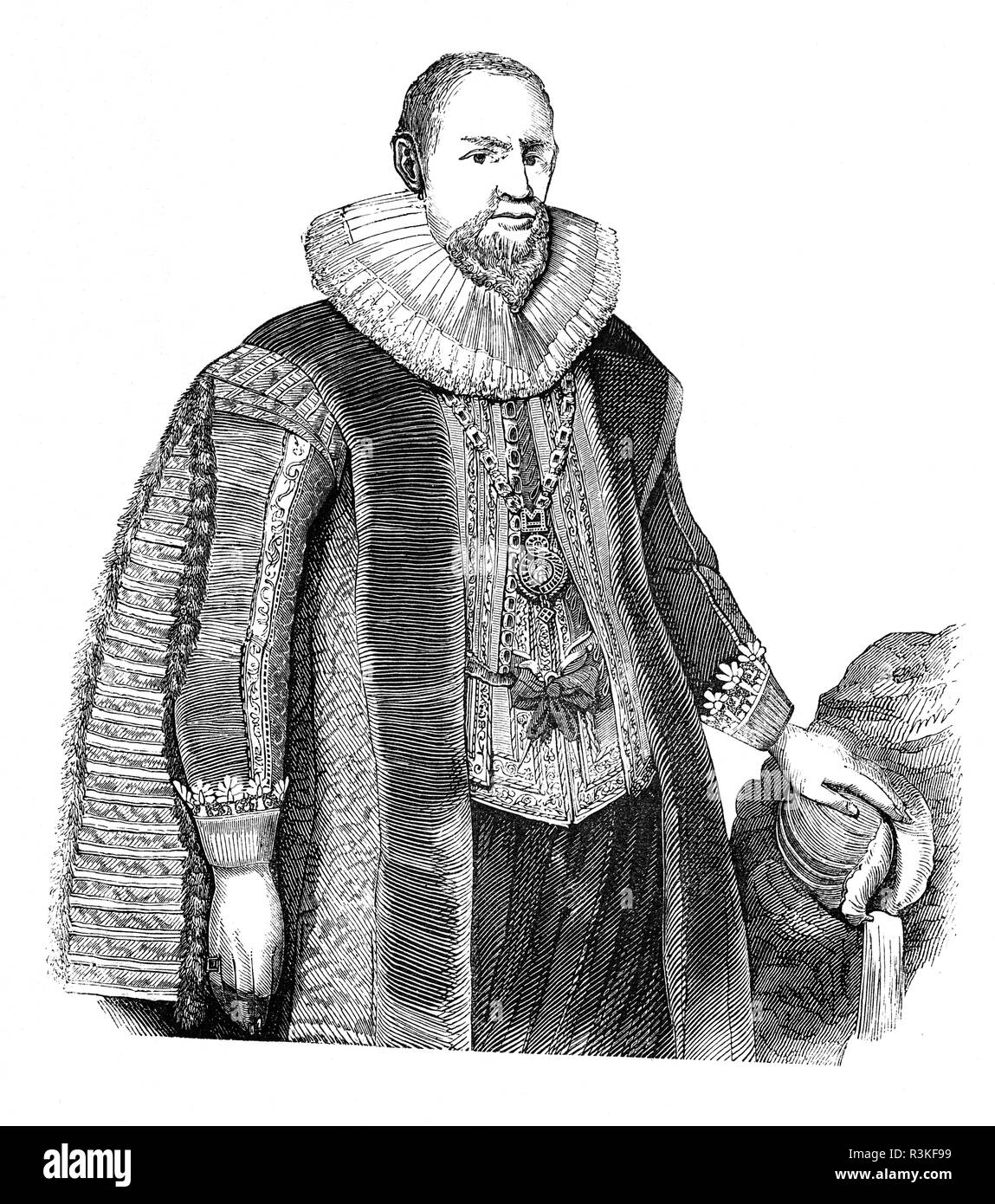 Sir Hugh Myddelton (o Middleton), 1° Baronet (1560-1631) era un clothmaker gallese, imprenditore, miniera-proprietario, banchiere, autodidatta ingegnere e divenne un orafo di successo ed è stato nominato Royal gioielliere da Re Giacomo I. Nel 1603 successe al padre come MP per Denbeigh Boroughs, che rimase fino al 1628. Myddelton è tuttavia meglio ricordato come la forza di azionamento dietro la costruzione del nuovo River, un ambizioso progetto di ingegneria per portare acqua pulita dal fiume Lea, vicino a Ware, nel Hertfordshire al nuovo Capo di Fiume, Londra costruita tra 1608 e 1613. Foto Stock