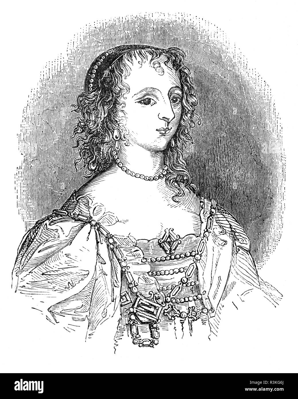 Henrietta Maria di Francia (1609-1669) fu regina consorte di Inghilterra, in Scozia e in Irlanda come la moglie di Re Carlo I. ella è madre di due suoi successori immediati, Carlo II e Giacomo II/VII. Contemporaneamente da un decreto del marito si era noto in Inghilterra come Queen Mary, ma non piace questo nome e firma il suo lettere "Henriette R'. Il suo cattolicesimo Romano ha fatto il suo impopolare in Inghilterra e vietata dal suo essere incoronato in una chiesa di Inghilterra servizio; quindi lei non ha mai avuto una incoronazione. Quando la guerra civile si profilava all'orizzonte, e fu costretto a cercare rifugio in Francia nel 1644. Foto Stock