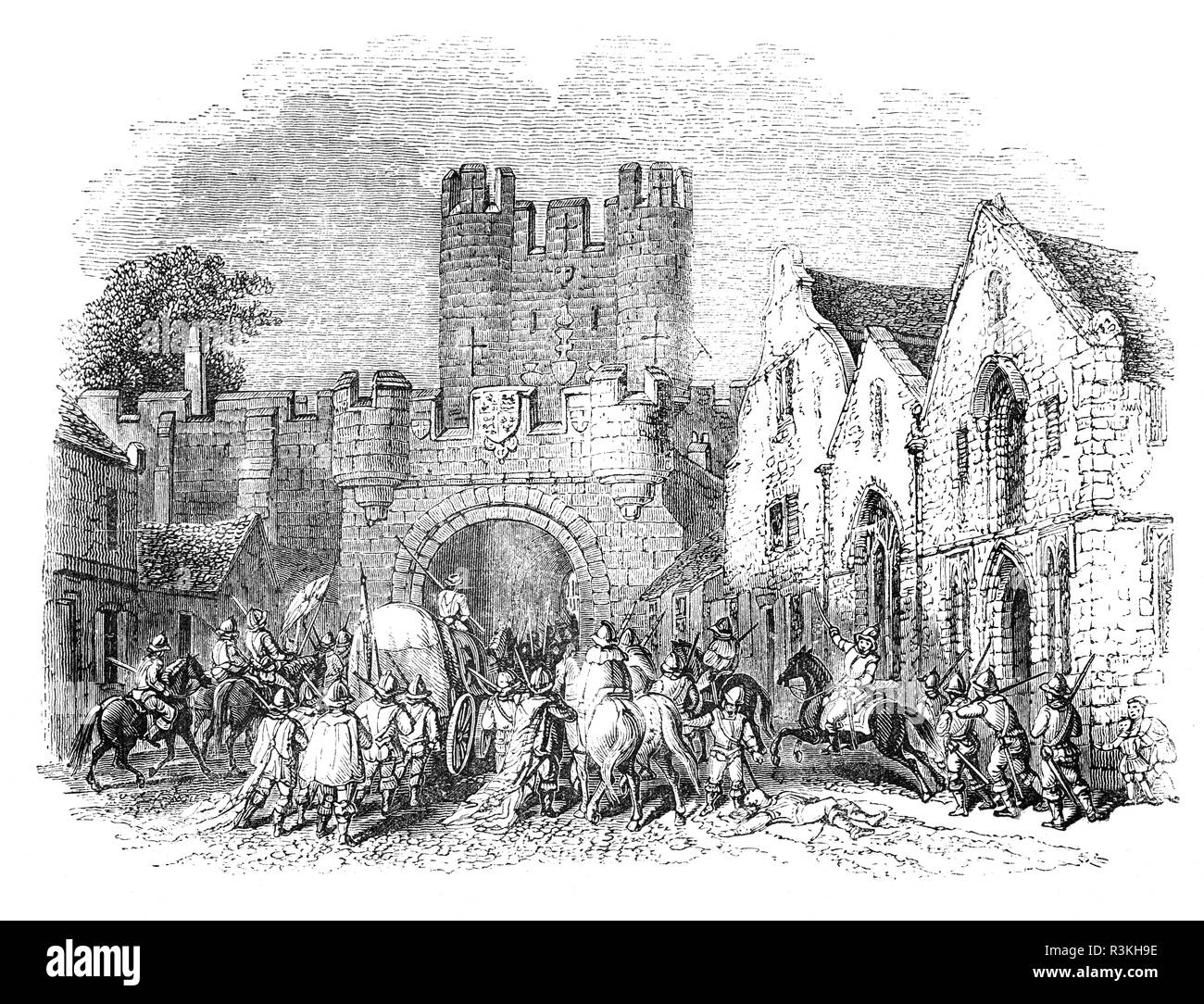 Il Gate Micklebar, Micklegate Street in ingresso sud della città di York, Inghilterra. Il nome significa 'grande Street', 'gate' provenienti dal Norreno gata, o sulla strada. La sezione inferiore è stata costruita nel XII secolo e i piani superiore nel XIV secolo. A seguito della battaglia di Wakefield durante le guerre di rose, i capi di Richard Plantagenet, 3° duca di York (padre di Edward IV e Richard III), Edmund, Conte di Rutland (un altro figlio di Richard) e Richard Neville, 5° Conte di Salisbury venivano visualizzati su Micklegate Bar. Foto Stock