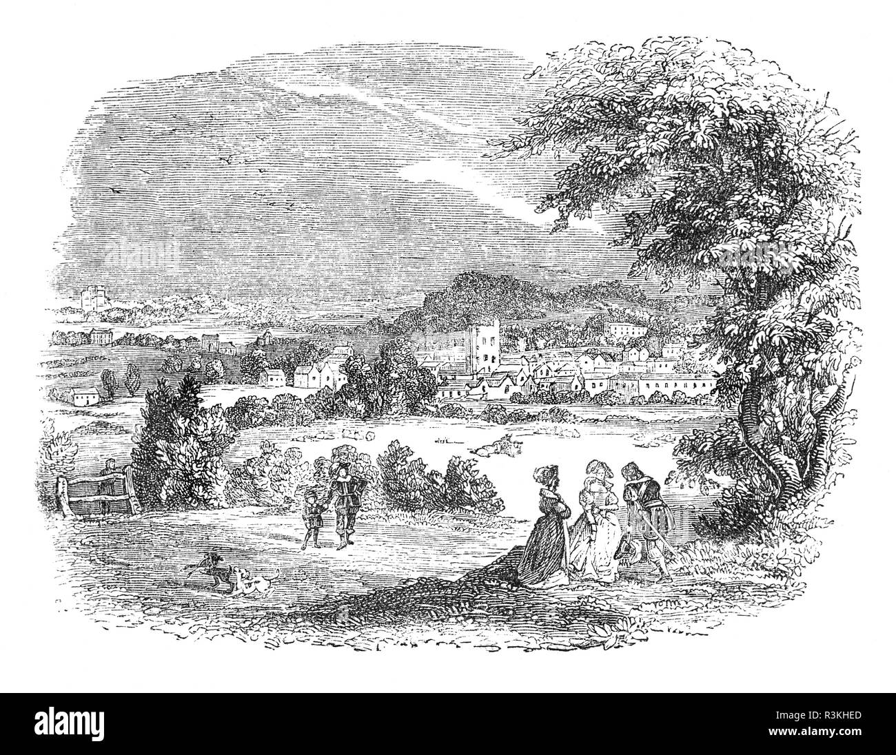 Una vista di Newbury, un mercato comune della valle del fiume Kennet, nel Berkshire, Inghilterra. È stato il sito di due battaglie durante la Guerra Civile Inglese, la prima battaglia di Newbury (a lavare comune) nel 1643, e la seconda battaglia di Newbury (a Speen) nel 1644. Nelle vicinanze medievale Castello di Donnington su è stata ridotta ad un rudere all indomani della Seconda battaglia. Foto Stock
