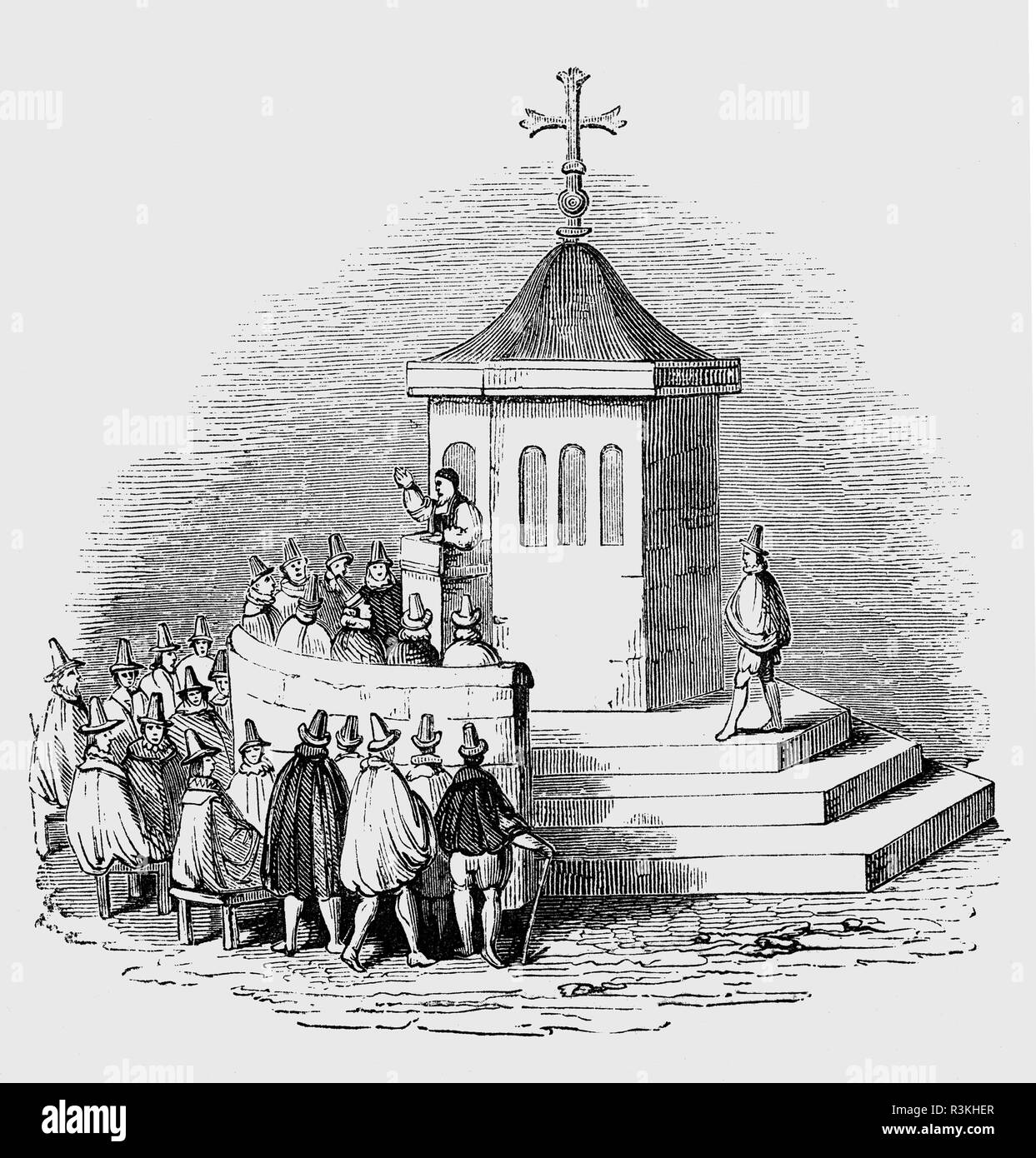 Un buon Venerdì sermone a San Paolo Croce, una predicazione croce e open-air pulpito nella motivazione della vecchia cattedrale di St Paul, città di Londra. Questa è stata la più importante pulpito pubblico in Tudor e early Stuart Inghilterra, e molti dei più importanti dichiarazioni sulla politica e religiosa di modifiche apportate dalla riforma sono state rese pubbliche da qui. Il pulpito si fermò in 'Croce cantiere", lo spazio aperto sul lato nord-est di San Paolo sagrato, ma fu distrutta da Puritans nel 1643 durante la Prima Guerra Civile Inglese. Foto Stock