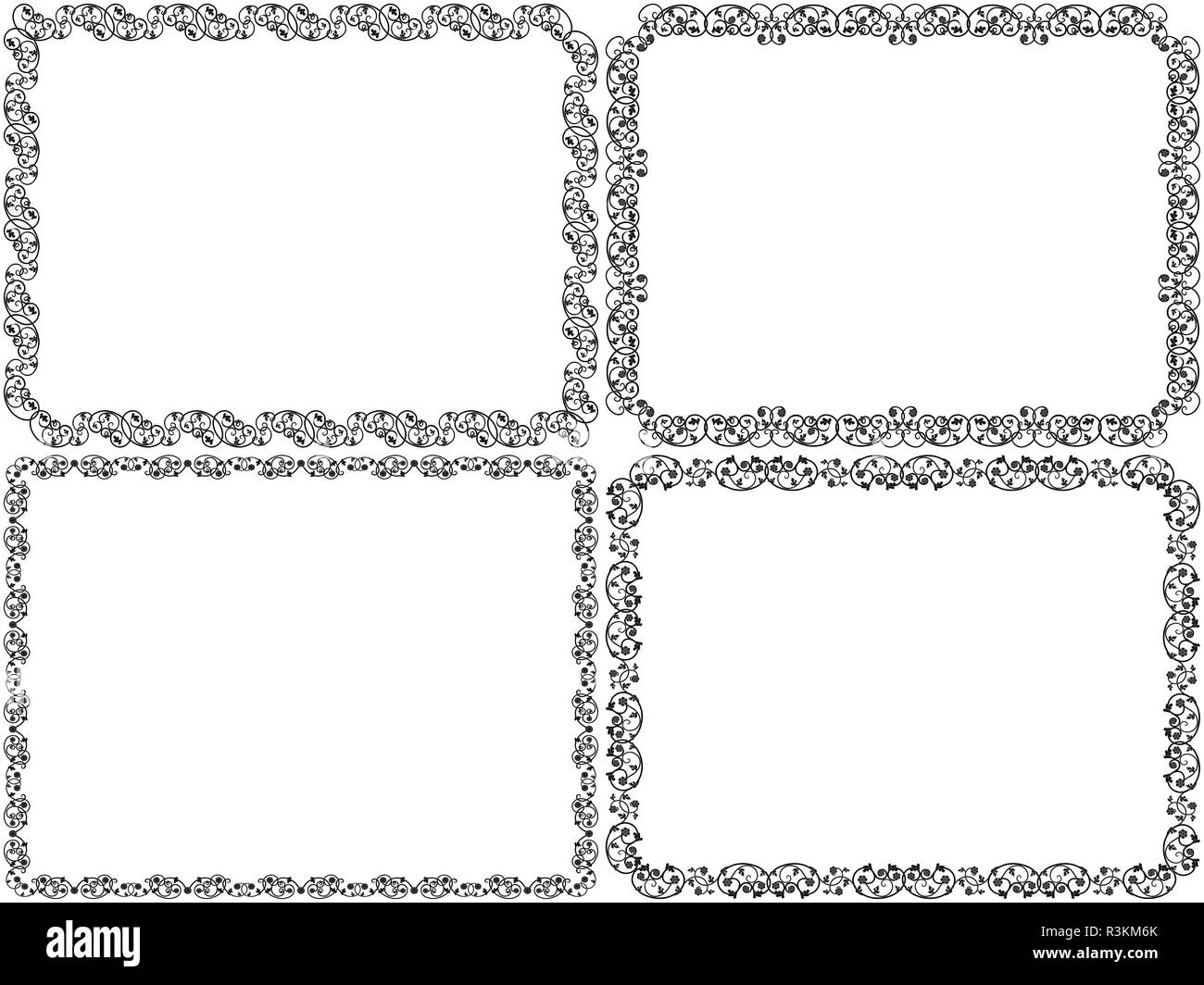 Set di quattro stencil nero fiore decorativo telai con linee interlacciate di stile Vittoriano, vettore isolato su uno sfondo bianco come un designer pos Illustrazione Vettoriale