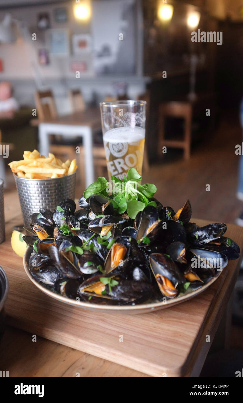 Ciotola di cozze per pranzo nei bracci di Cobb Lyme Regis West Dorset Regno Unito Foto Stock