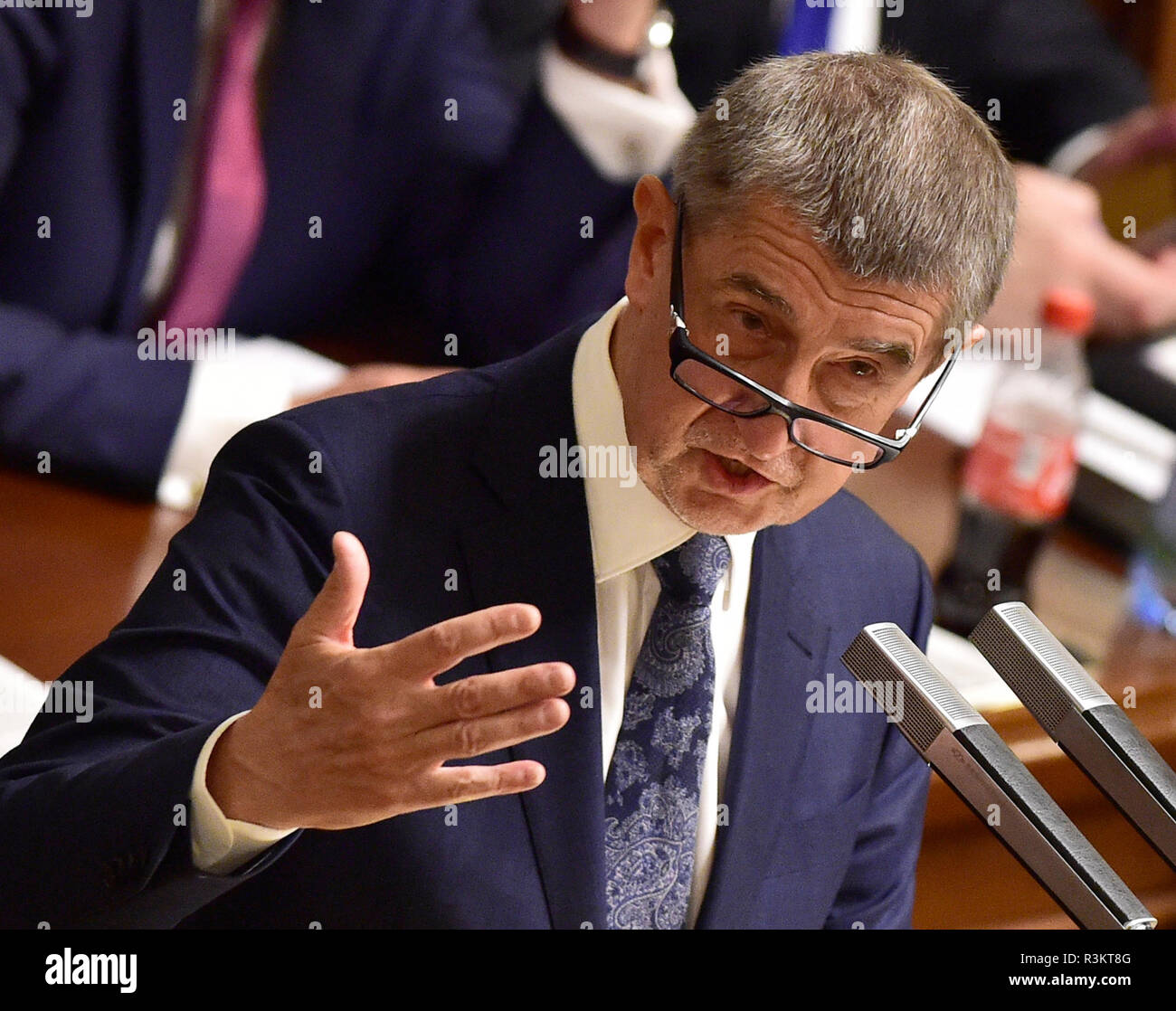 Praga, Repubblica Ceca. 23 Novembre, 2018. Si trova sul figlio mancante del PM Ceca Andrej Babis (ANO, foto) e Babis Junior al rapimento di Crimea erano fin dall'inizio a causa del suo governo caduta, Babis detto in apertura della parte inferiore della casa sessione speciale per tenere un voto di sfiducia nei confronti del suo governo oggi, venerdì 23 novembre, 2018. Egli ha detto i due giornalisti che avevano sparato una relazione sul suo figlio erano giacenti e danneggiato la sua famiglia. Credito: CTK/Alamy Live News Foto Stock