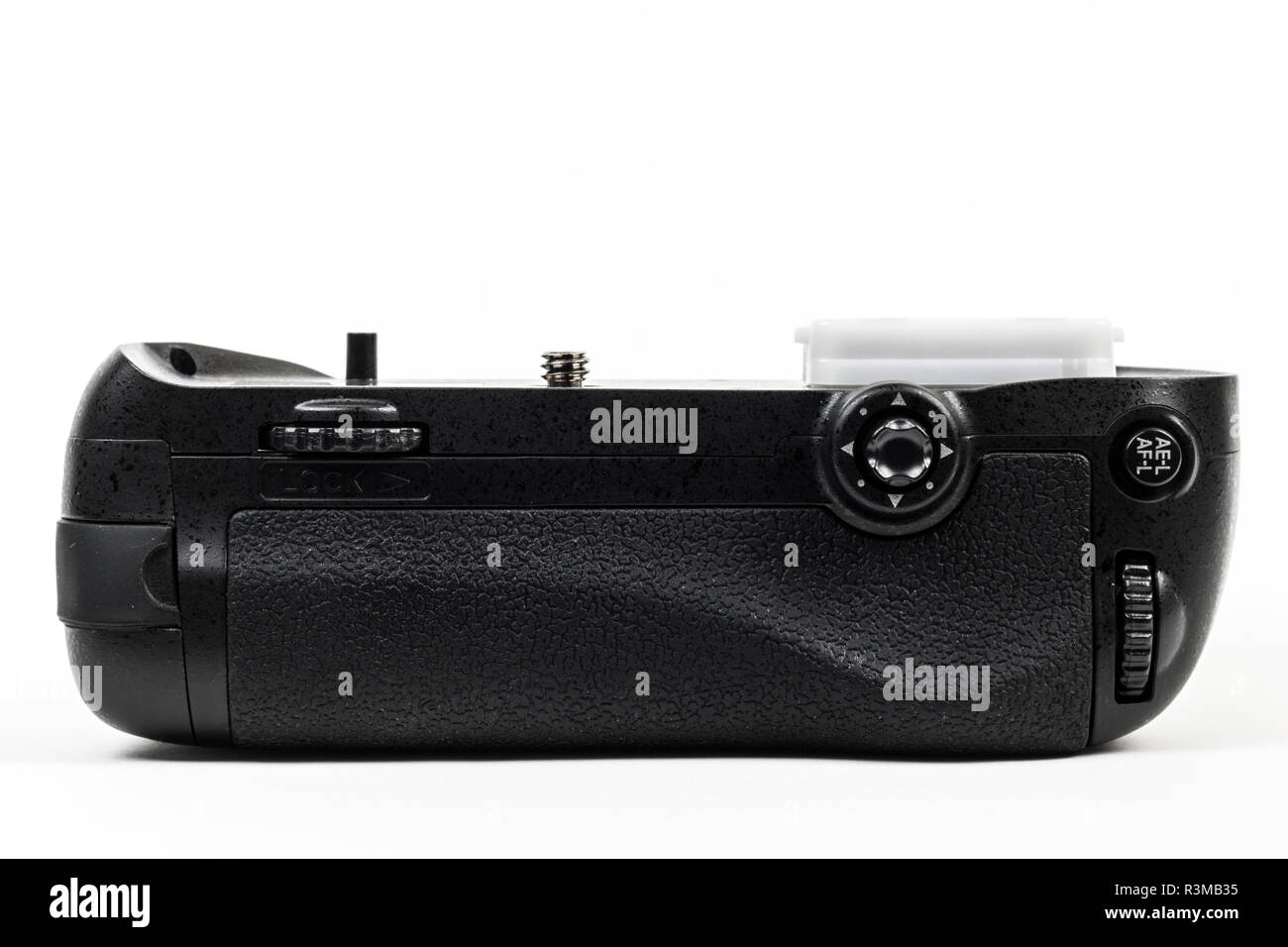 Fotocamera DSLR battery grip colore nero isolato in bianco. Vista posteriore. Foto Stock